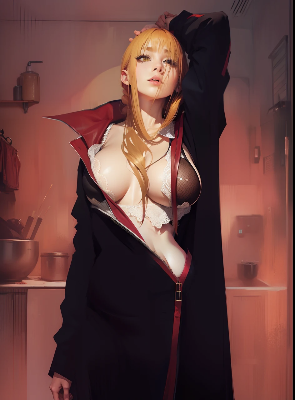 1 woman, solo, yellow head, long hair, big tits,