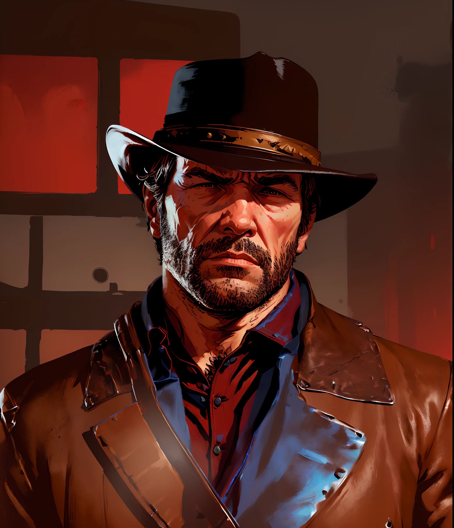 R3DD34Dstyle, digital portrait,  arthur morgan, sad, cowboy hat, brown jacket, blue shirt, red sky,