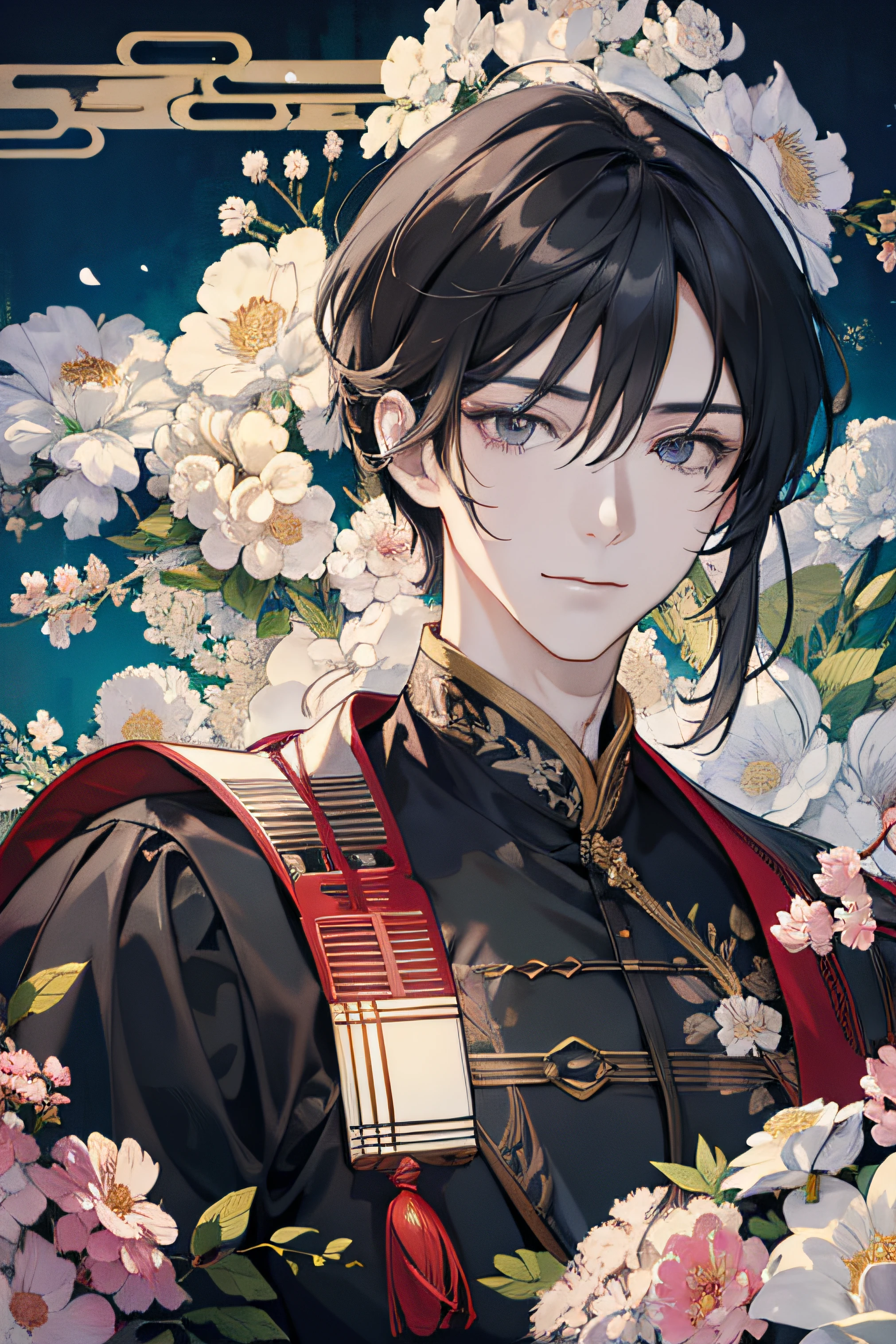 （hoang lap，A high resolution，ultra - detailed），1male people，AS-Adult，Handsome，Tall muscular man，a broad shouldered，Delicate gray eyes，Long dark brown hair（1.3），long whitr hair，fanciful，Intricate patterns，详细的脸，inn，Lanterns，best ratio four finger and one thumb，florals，petals，ssmile，（Dutch angle），Keep one's mouth shut