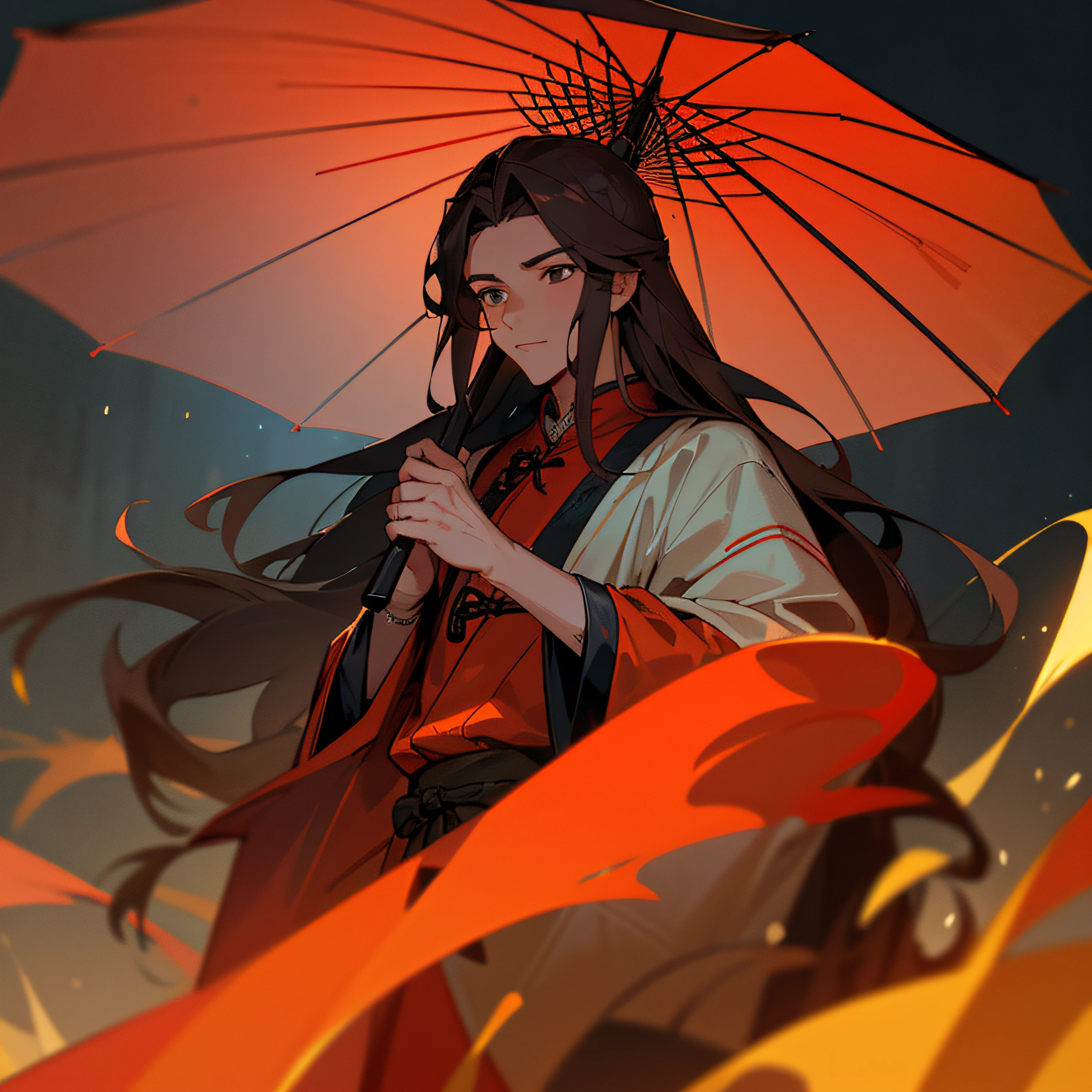(Best quality,4K,8K,A high resolution,Masterpiece:1.2),Ultra-detailed, 1male people,AS-Adult,Handsome, Long-haired,Brown-haired, Traditional Chinese costumes, Gray eyes, Night light, Wet streets, Red Chinese paper umbrella, Fluttering petals, coloured photo, A man with long brown hair and a red umbrella, gentleness,Face the lens,looking to the camera,Half-body close-up,Surrounded by damp streets, Ancient Chinese Night View
