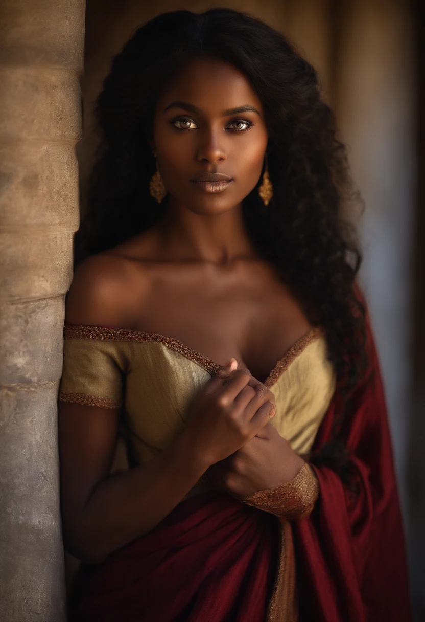 (((a deep reddish wound crosses her left cheek))) fair complexion, woman around 19 years old, natural black hair, distinctive green eyes, wearing kohl, slender and graceful, beautiful, candlelight in a medieval setting, ultra sharp focus, realistic shot, medieval female clothes, tetradic colors (scar:1.4) light dark skin ethiopian