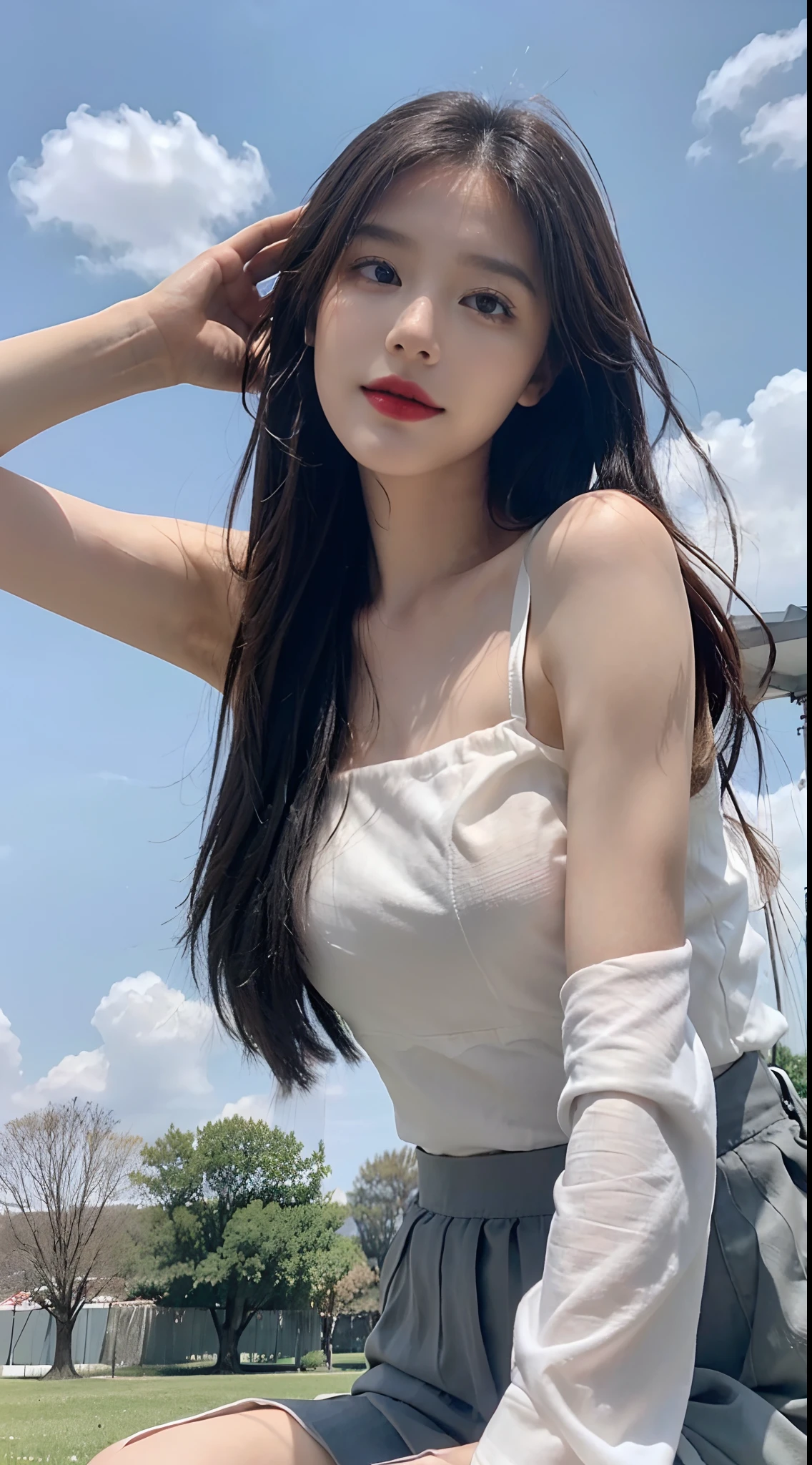 ((best quality, 8k, masterpiece:1.3)), a beautiful girl, pure, oval face, Gentle and cute, a little fat, Part header, ((solid color long top, yoga pants)), Long black fluffy hair, Big, round, black eyes, clear big eyes, Moist red lips, Sweet, permanent, Blue sky and white clouds, Sunlight, beach background,