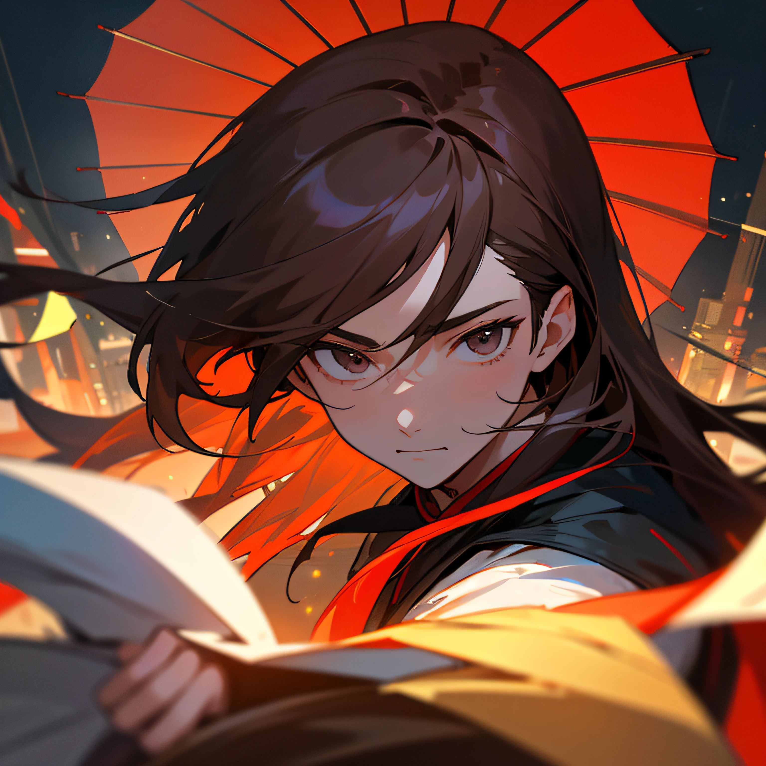 (Best quality,4K,8K,A high resolution,Masterpiece:1.2),Ultra-detailed, 1male people,AS-Adult,Handsome, Long-haired,Brown-haired, Traditional Chinese costumes, Gray eyes, Night light, Wet streets, Red Chinese paper umbrella, Fluttering petals, coloured photo, A man with long brown hair and a red umbrella, gentleness,Face the lens,looking to the camera,Half-body close-up,Surrounded by damp streets, Ancient Chinese Night View