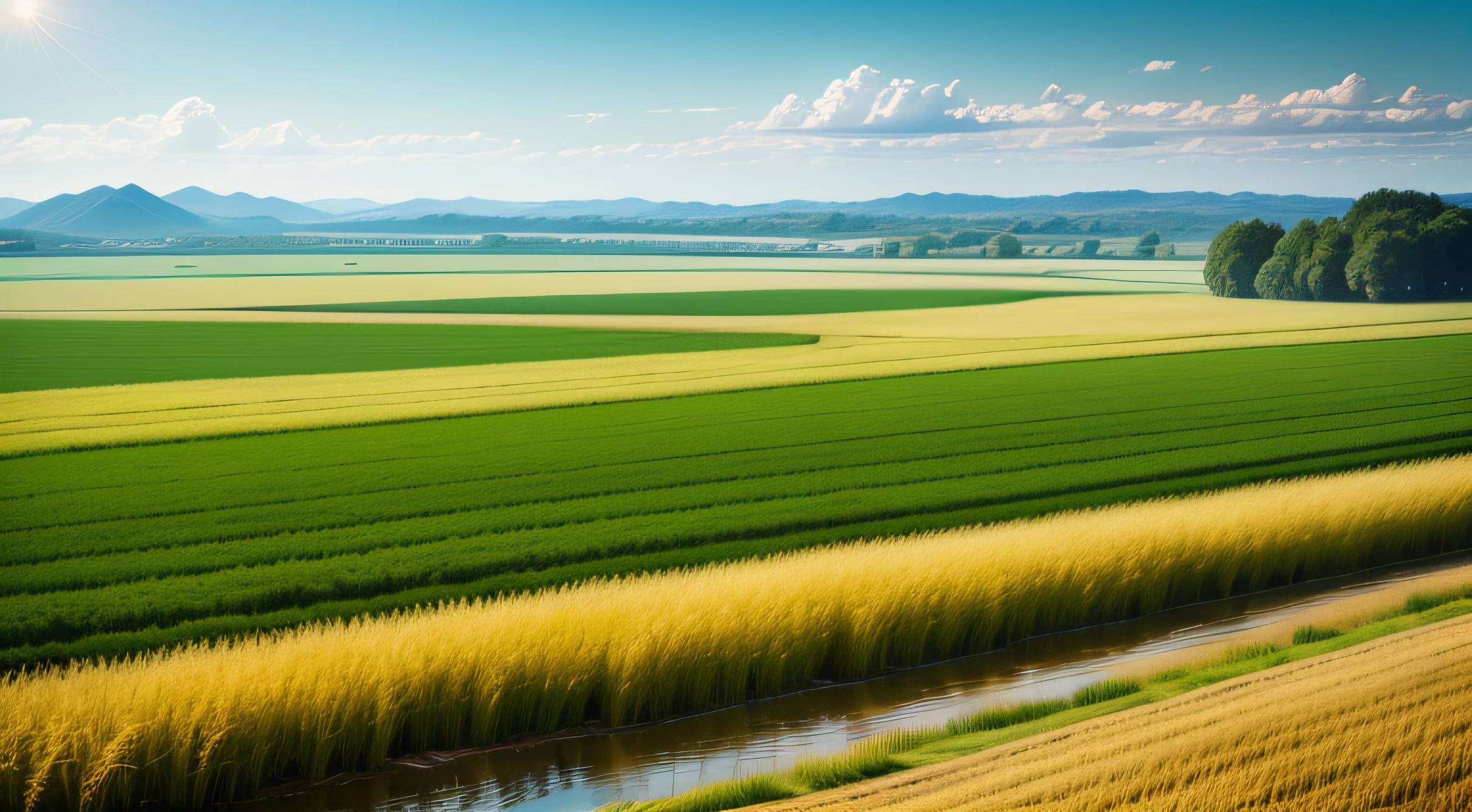 A large neat wheat field,Idyllic、wheat field ,scenic view,the Sun Shining,There are rivers and streams