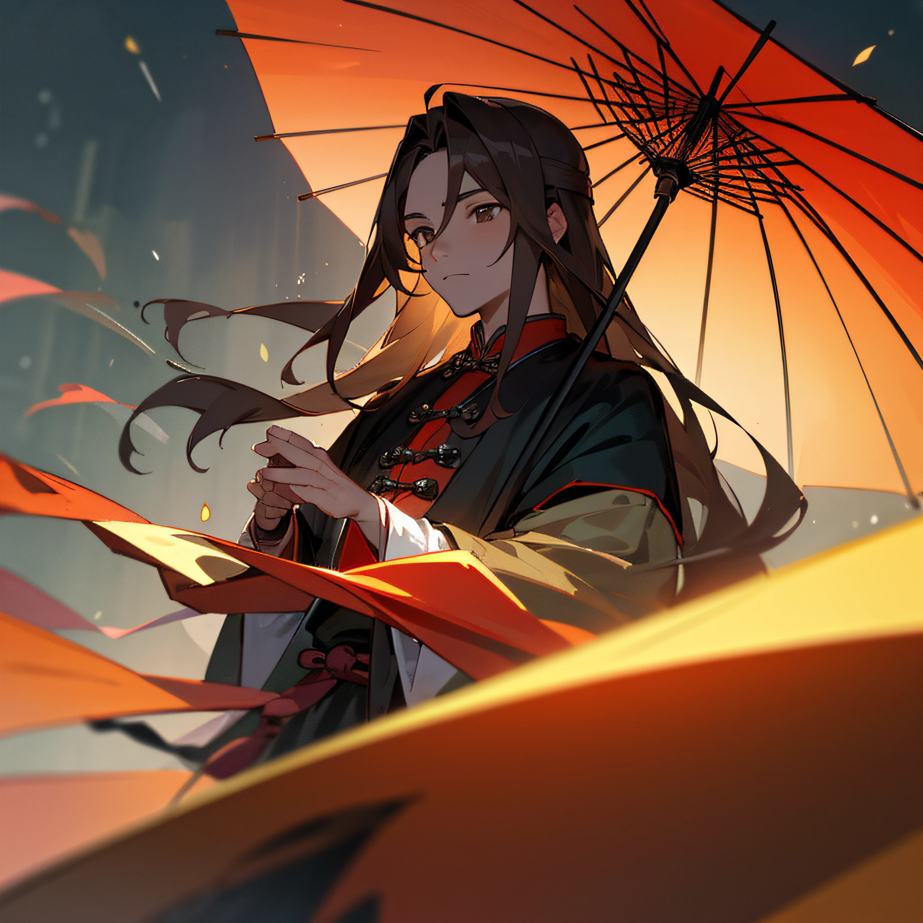 (Best quality,4K,8K,A high resolution,Masterpiece:1.2),Ultra-detailed, 1male people,AS-Adult,Handsome, Long-haired,Brown-haired, Traditional Chinese costumes, Gray eyes, Night light, Wet streets, Red Chinese paper umbrella, Fluttering petals, coloured photo, A man with long brown hair and a red umbrella, gentleness,Face the lens,looking to the camera,Half-body close-up,Surrounded by damp streets, Ancient Chinese Night View