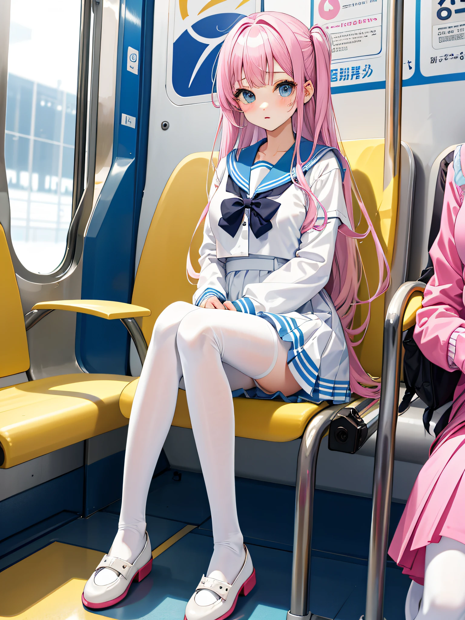 high-level image quality、A girl、Sailor suit in bright colors、big breasts
White pantyhose、kawaii hair style、Sit with your legs spread on the train、Make a troubled face、Panchira、pantie shot、Show me your panties