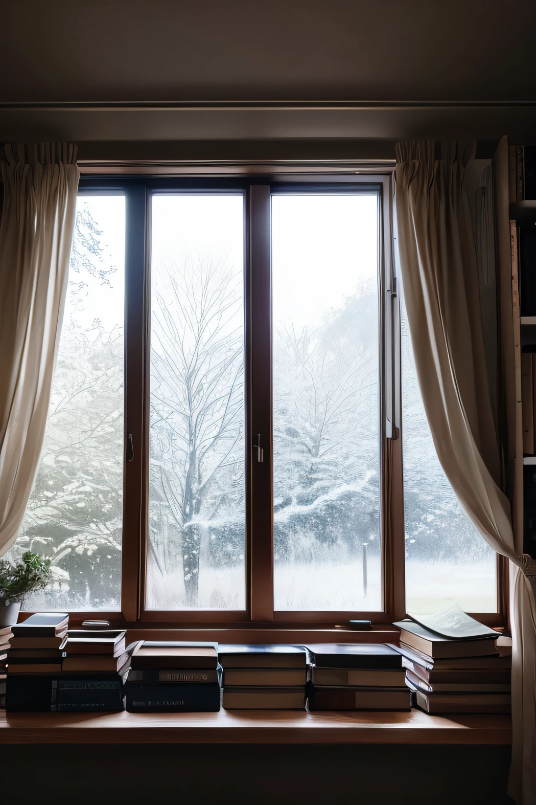 books in a dark room window
