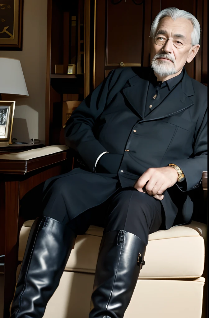 with a goatee,Old gentleman in black riding boots,Show off his boots,The light source is in the upper left corner。