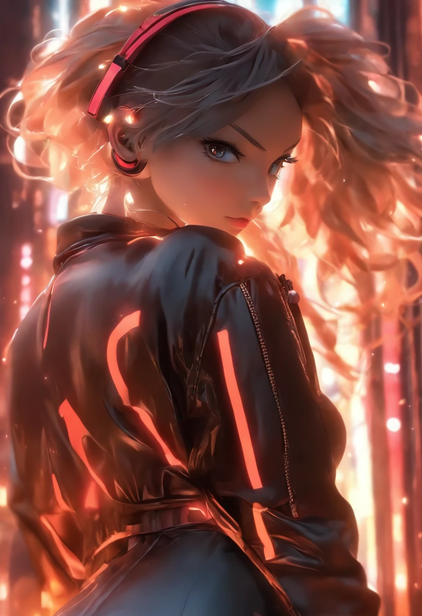Anime - Stylistic image of a woman in a dress and a leather jacket, Use headphones, photorealistic anime girl rendering, CG art soft anime, Realistic 3D anime style, anime big breast. Soft lighting, Realistic anime art, Digital anime art, Detailed digital anime art, 4K anime style, advanced digital anime art, seductive anime girls, anime styled digital art, 3d anime style，Overall prominence，Sexual themes，Sense of seduction，sci-fy