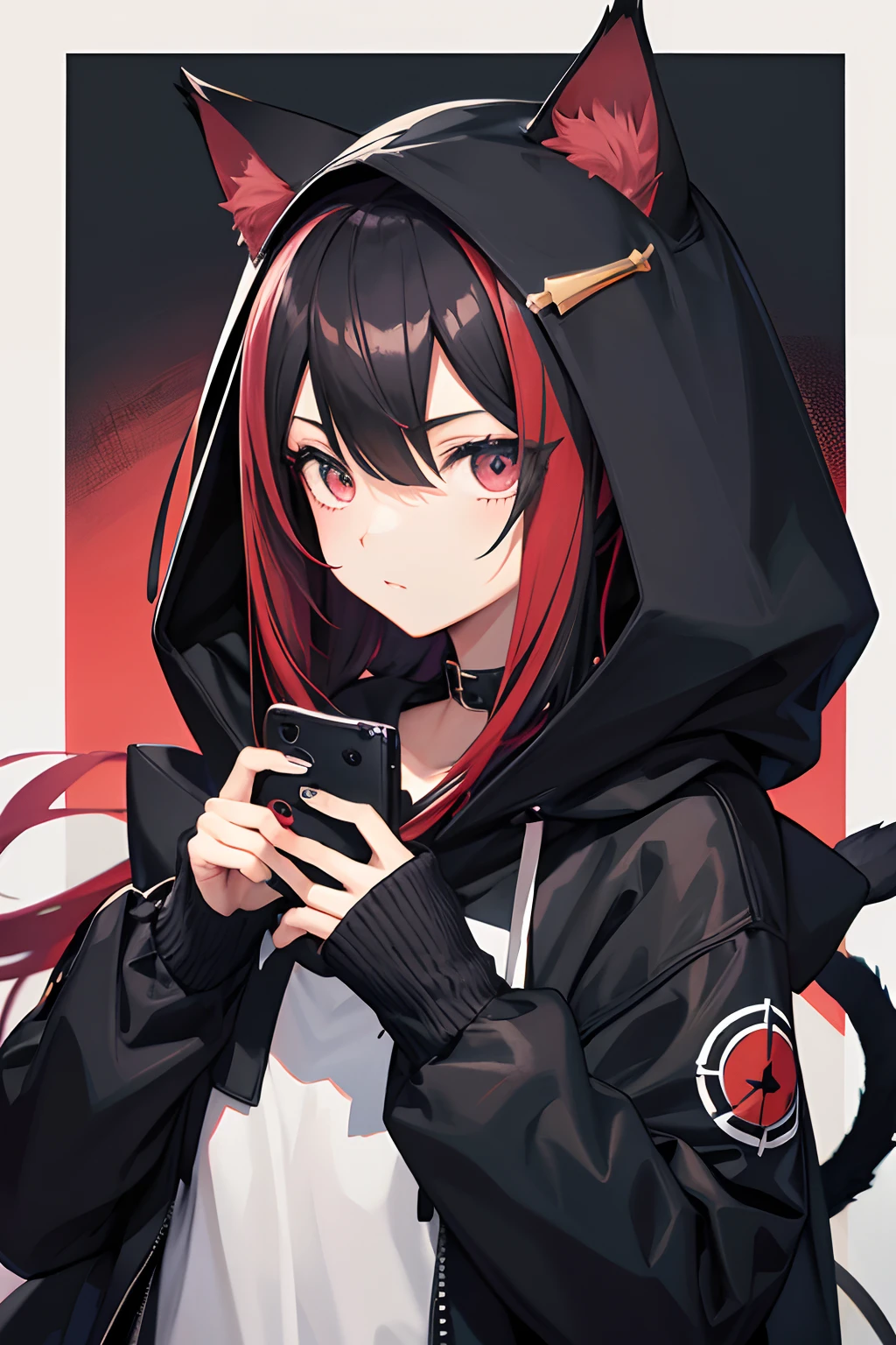 Arte estilo anime, cabelo curto preto, olhos grandes e redondos, estilo de arte com tinta colorida como se estivesse pingando, wearing hooded coat on head with cat ears, Holding a PSP consoler in your hands, sentada na escada.