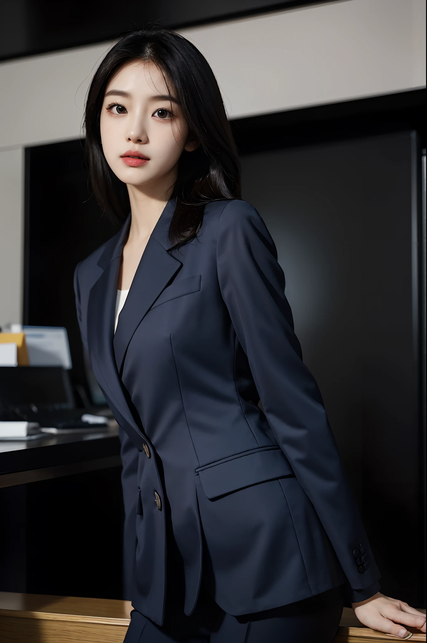 High-res, Realistic portrait of professional korean office lady with perfect skin，Professional suits，Women's suits，stand posture，The upper part of the body，Women in the workplace，Show confidence and maturity, Surrounded by a modern corporate environment, Vibrant and naturally lit highlights. The artwork should emphasize her elegant facial features, Including charming long eyes, Fluttering eyelashes and seductive lips. The scene should be enhanced with elements of professionalism and visual appeal，For example, Stylish work desk, Mainframe computers, High-resolution display, and complex stationery. The overall tone should be warm and professional, Has a soft and natural color palette. The artwork should exude a sense of professionalism, Success, and cultural pride，The background is blurred out