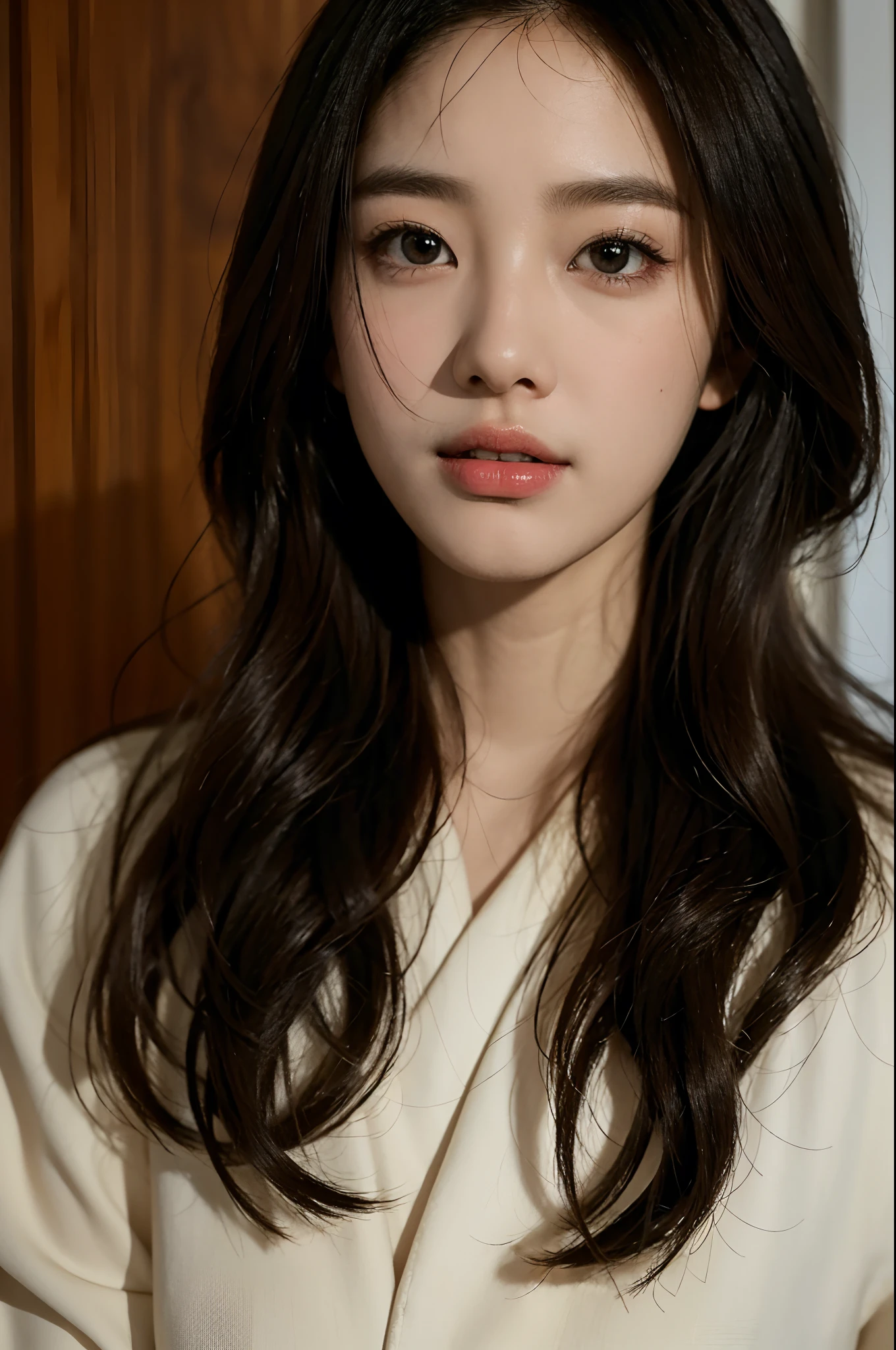 High-res, Realistic portrait of professional korean office lady with perfect skin，Professional suits，Women's suits，stand posture，The upper part of the body，Women in the workplace，Show confidence and maturity, Surrounded by a modern corporate environment, Vibrant and naturally lit highlights. The artwork should emphasize her elegant facial features, Including charming long eyes, Fluttering eyelashes and seductive lips. The scene should be enhanced with elements of professionalism and visual appeal，For example, Stylish work desk, Mainframe computers, High-resolution display, and complex stationery. The overall tone should be warm and professional, Has a soft and natural color palette. The artwork should exude a sense of professionalism, Success, and cultural pride，The background is blurred out