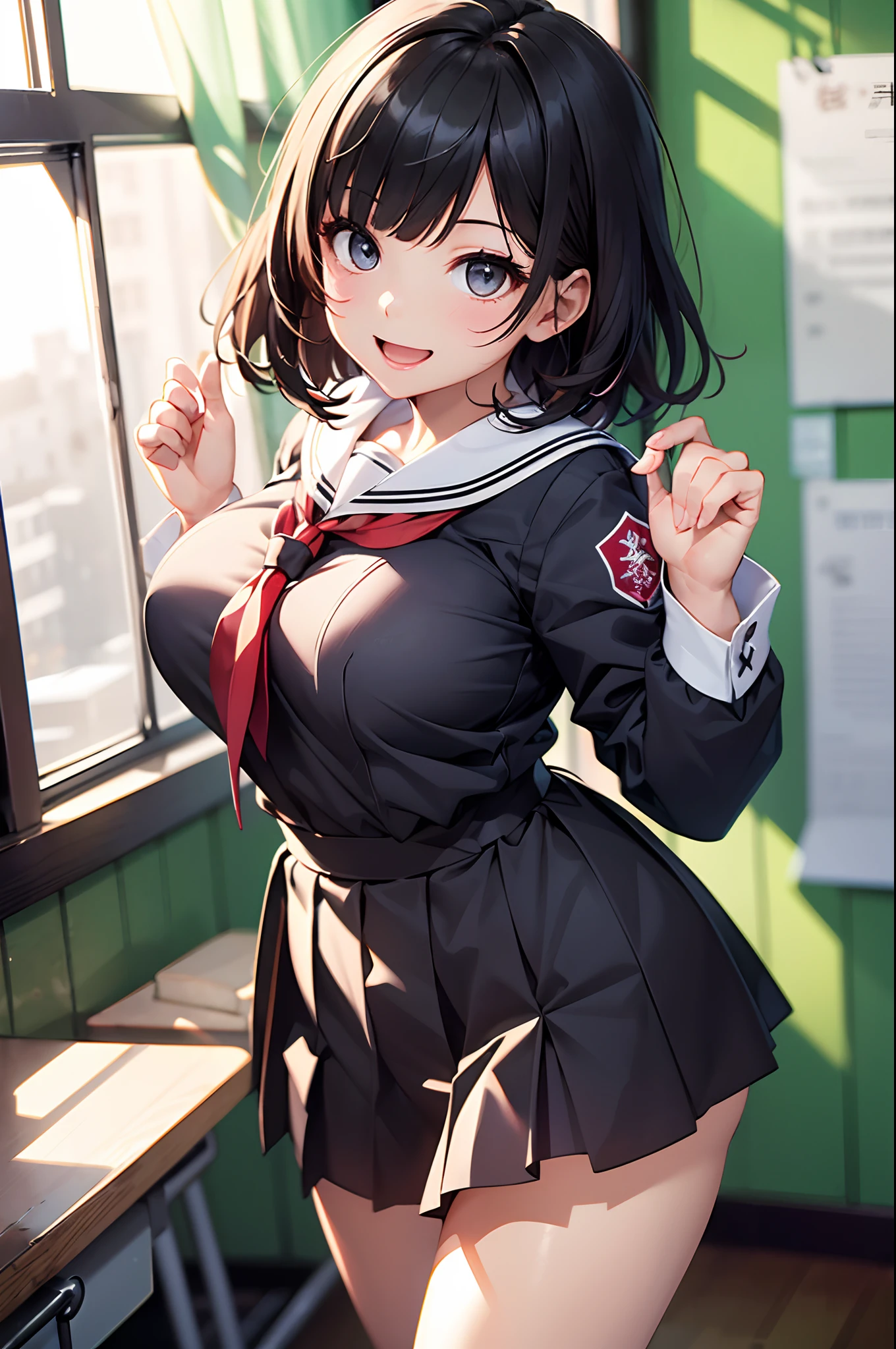 (top-quality、in 8K、32K、​masterpiece、nffsw、超A high resolution、Impresionismo、Photorealsitic:1.2)、Angle from above、High angle、Colossal tits、cowboy  shot, detailed faces and eyes、 Inside the classroom、Schools、Evening glow、beauitful face、blurry backround、16-year-old beautiful girl、shinny skin、short-hair、Beautiful black hair、Blunt bangs、Red Eye、(Katyusha:1.2)、a sailor suit、Pleated miniskirt、Curve、Stand on one knee、(I can see panties:1.2)、Smile with open mouth、Opening legs、