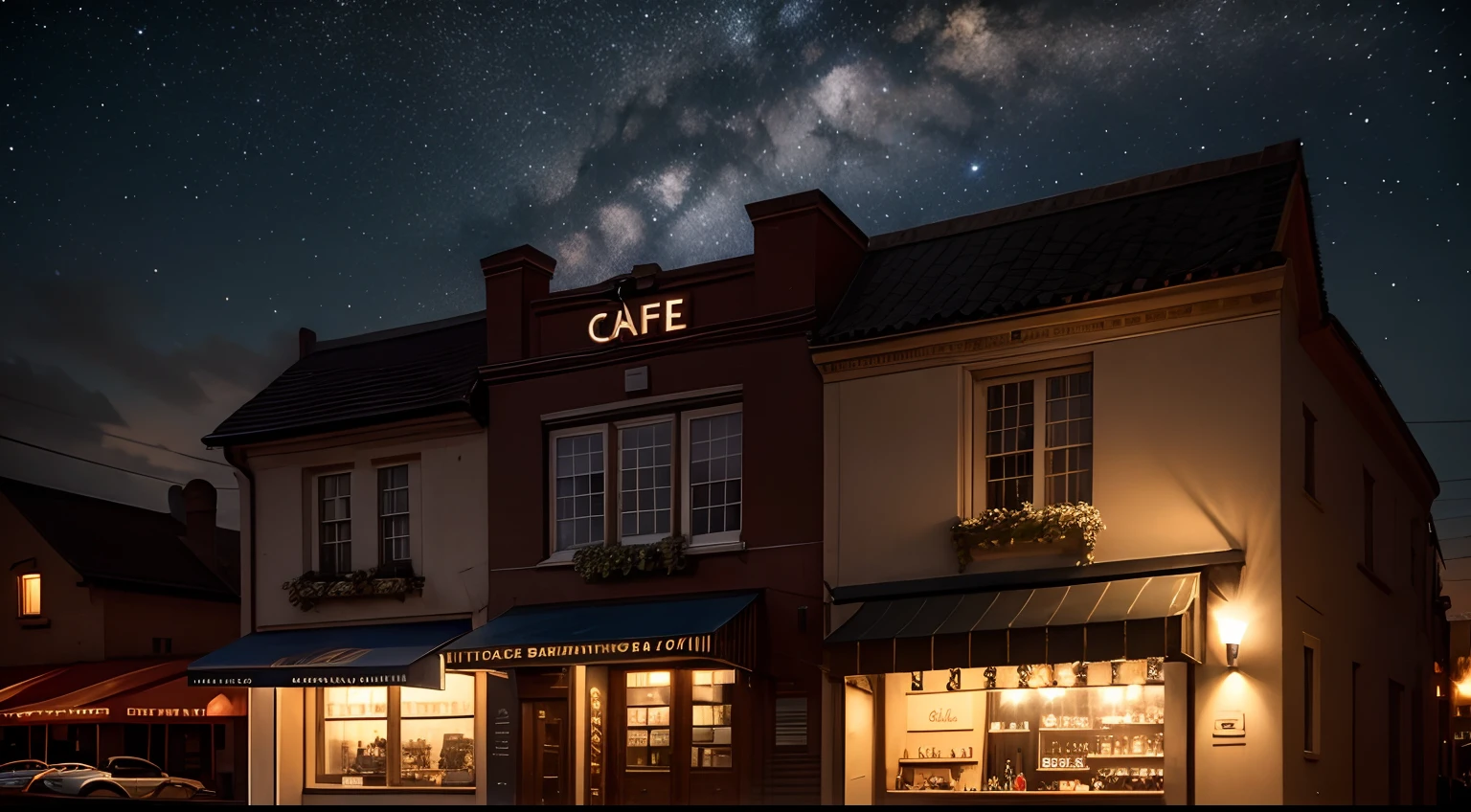 Facade of a café bar in a small town on a dark night of star-filled sky.