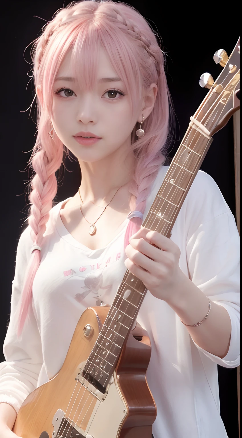 (masutepiece:1.3, Best Quality, Photorealistic, Ultra-detailed, Finely detailed, High resolution, 8K Wallpaper), 1 beautiful girl, Band Group Vocals, In a white hoodie, Singing a song on an electric guitar, Stand Microphone, Mouth open, Beautiful face, Detailed face, Beautiful eyes, Detailed eyes, Looks fun、Smiling, earrings, Necklace, Detailed guitar, (Straight guitar neck and strings), Only 1 person,Pink Hair Medium Hair, (Pink hair), Ear Hair, small tits, Single braid, (Single braid), (Side braid),on a stage, Spotlight, Look at the viewer、small tits