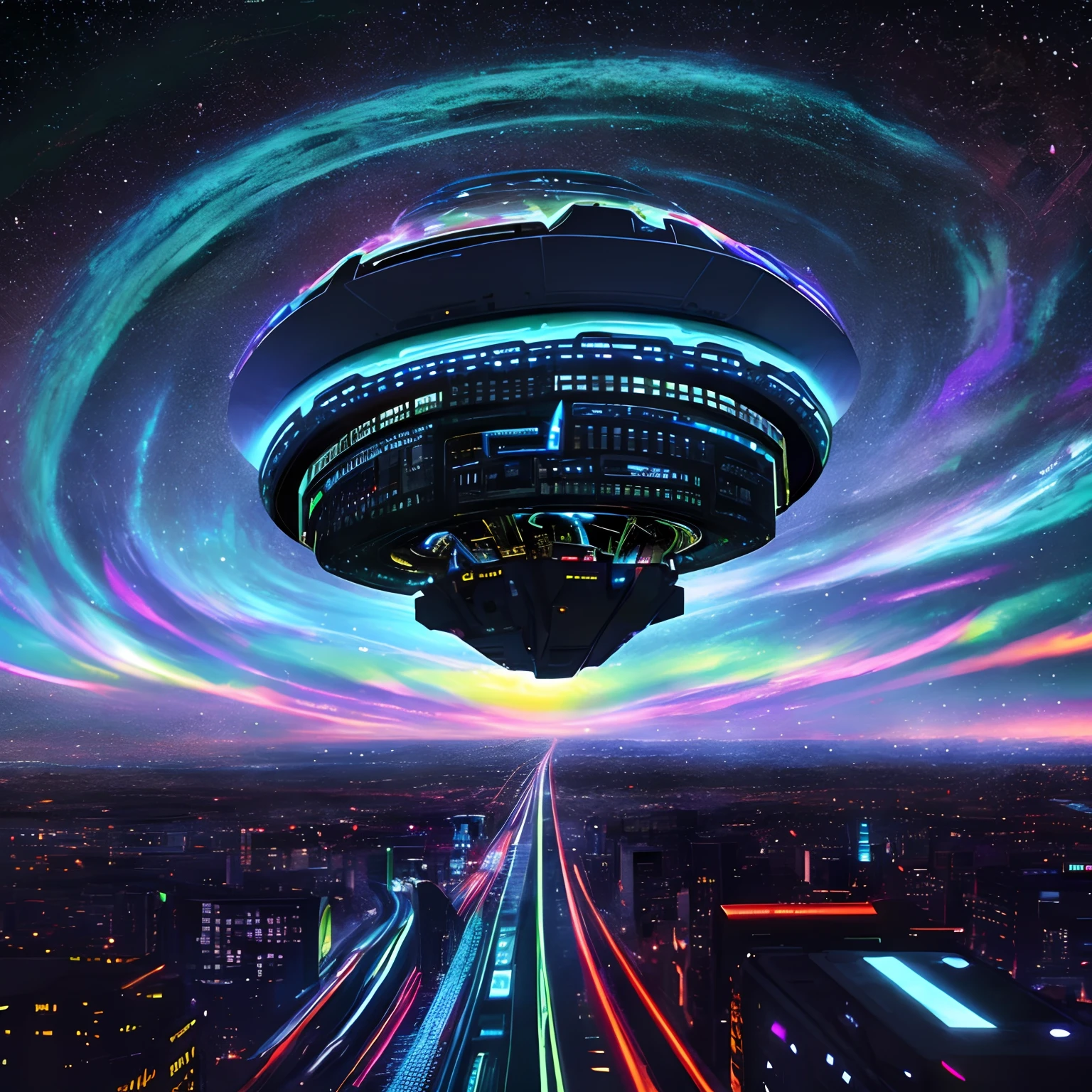 a rubicon digital orbital ufo cityscape megastructure is seen in the cloud filled sky above a glitchwave synesthesia cosmic road in the style of abstract gamercore tech