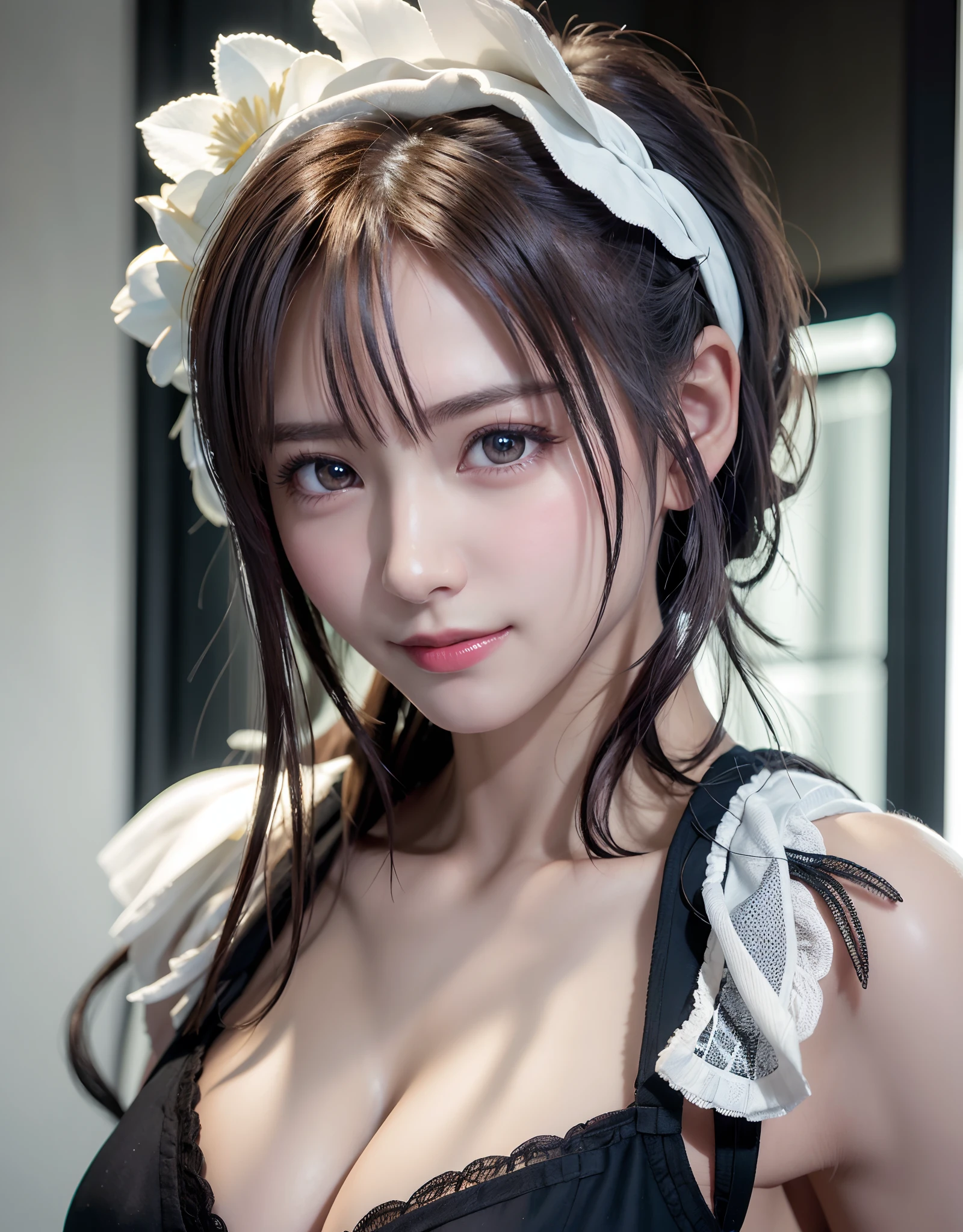 top-quality、8K Masterpiece、超A high resolution、(Photorealsitic:1.3)、Raw photo、女の子1人、silver white hair、glowy skin、maid clothes、((super realistic details))、portlate、globalillumination、Shadow、octan render、in 8K、ultrasharp、Beautiful breasts、highly intricate detail、Realistic light、CGSoation Trends、Beautiful eyes、radiant eyes、Facing the camera、Spiteful smile