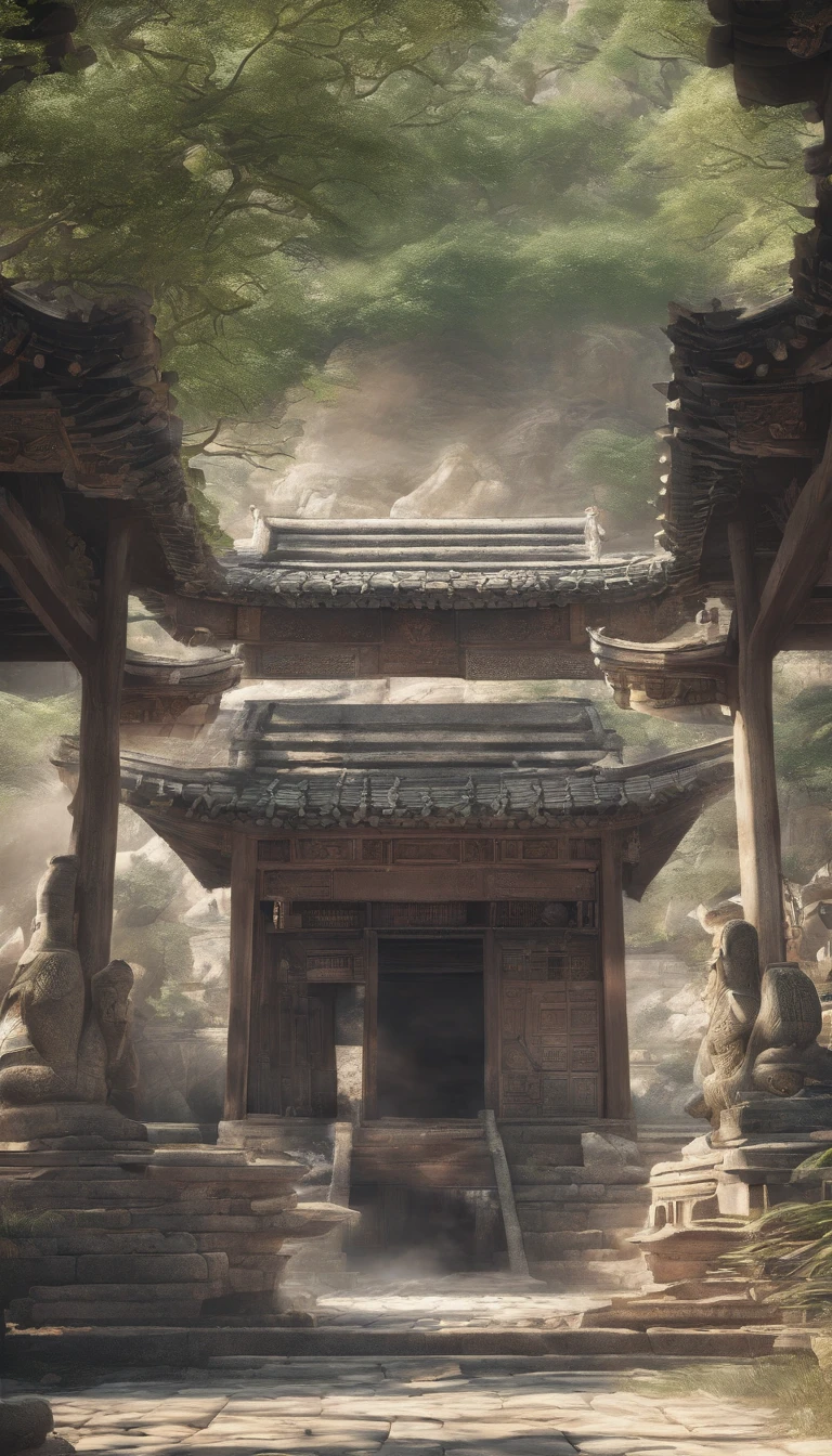 Quaint Han Dynasty style temple,(There was an ancient Chinese monk who sat and meditated(closeup cleavage)),(Meditate),zazen,age-old tree,falling leaf,(Chinese landscape painting style),(Pastel ink painting),(8k wallpaper),(light and shadow effect),rendering by octane,White balance design,Extremely detailed picture depiction,wide angles,depth of fields,tmasterpiece,realisticlying,Beautifully depicted,A detailed,acurate,Works of masters,tmasterpiece