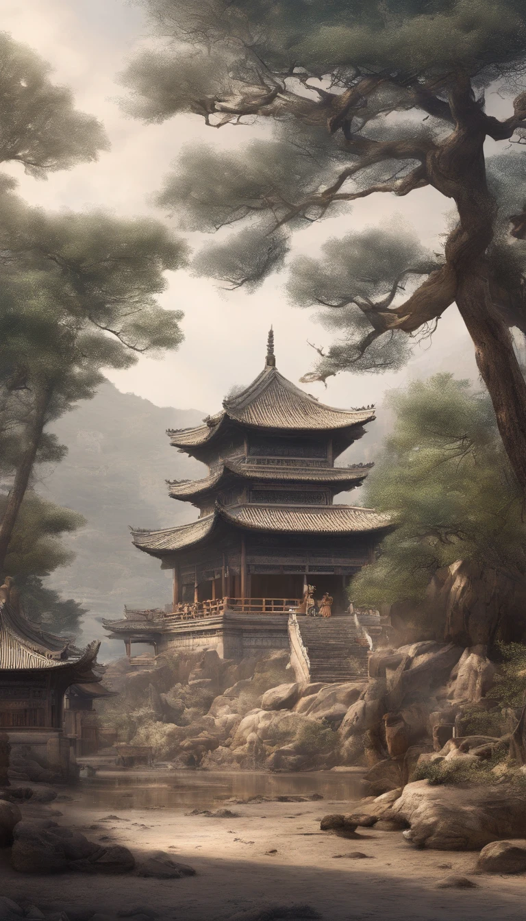 Quaint Han Dynasty style temple,(There was an ancient Chinese monk who sat and meditated(closeup cleavage)),(Meditate),zazen,age-old tree,falling leaf,(Chinese landscape painting style),(Pastel ink painting),(8k wallpaper),(light and shadow effect),rendering by octane,White balance design,Extremely detailed picture depiction,wide angles,depth of fields,tmasterpiece,realisticlying,Beautifully depicted,A detailed,acurate,Works of masters,tmasterpiece