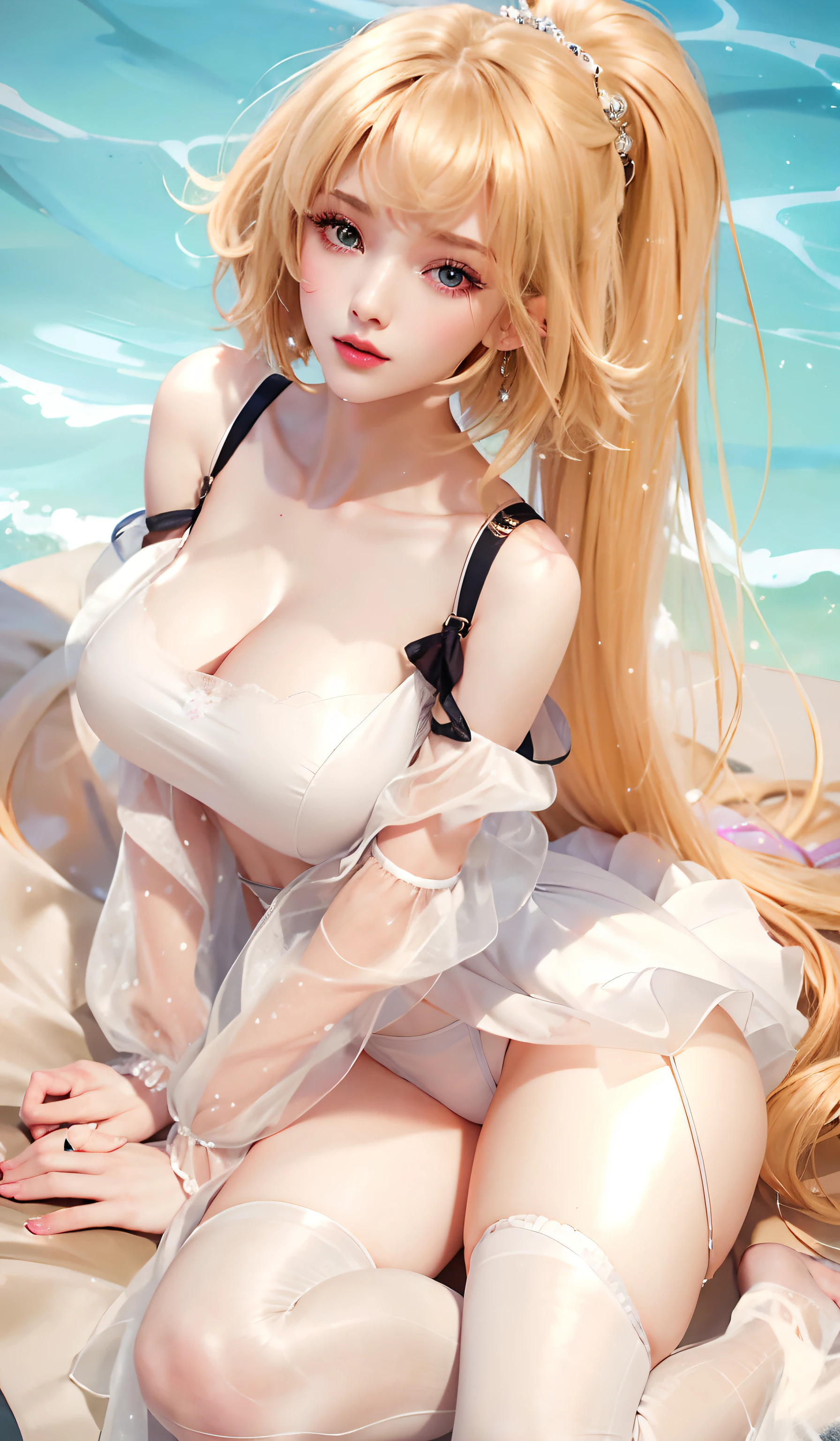 looking from above,((best qualtiy)),((tmasterpiece)),(the detail),1girll,She wore a revealing white dress。The dress exposes the shoulders and navel,Fits the body,It beautifully accentuates its curves。Her skin was as white as ivory,Soft and smooth to the touch。Her branded hair is straight and shiny。Her long hair ran down her back,Make her figure look more beautiful。Her eyes were big and deep indigo。Her lips are painted with cherry-colored lipstick,Plump and raised。Her figure is somewhat mysterious,looking at viewert。She is in a minimalist、Simple and stark white room。Her face was beautifully trimmed,Her eyes and nose are clear。The big black eyes are attractive,It exudes a deep and subtle light。Her hair was long and shiny,Her ethereal beauty further enhances her charm。Her mouth is small,Well-shaped lips sparkle。Her skin is smooth,Tremendously beautiful,Almost silky。Her breasts and buttocks were large,The slender waist has a smooth line,The are beautiful。,(,,,),long drooping,long drooping,Abs,Wear white stockings