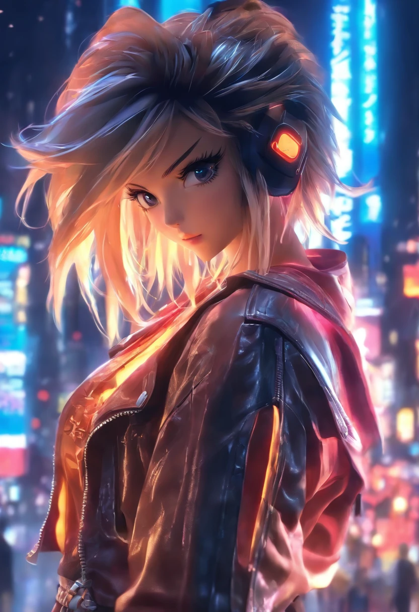 Anime - Stylistic image of a woman in a dress and a leather jacket, Use headphones, photorealistic anime girl rendering, CG art soft anime, Realistic 3D anime style, anime big breast. Soft lighting, Realistic anime art, Digital anime art, Detailed digital anime art, 4K anime style, advanced digital anime art, seductive anime girls, anime styled digital art, 3d anime style,Overall prominence,Sexy theme,Sense of seduction,sci-fy