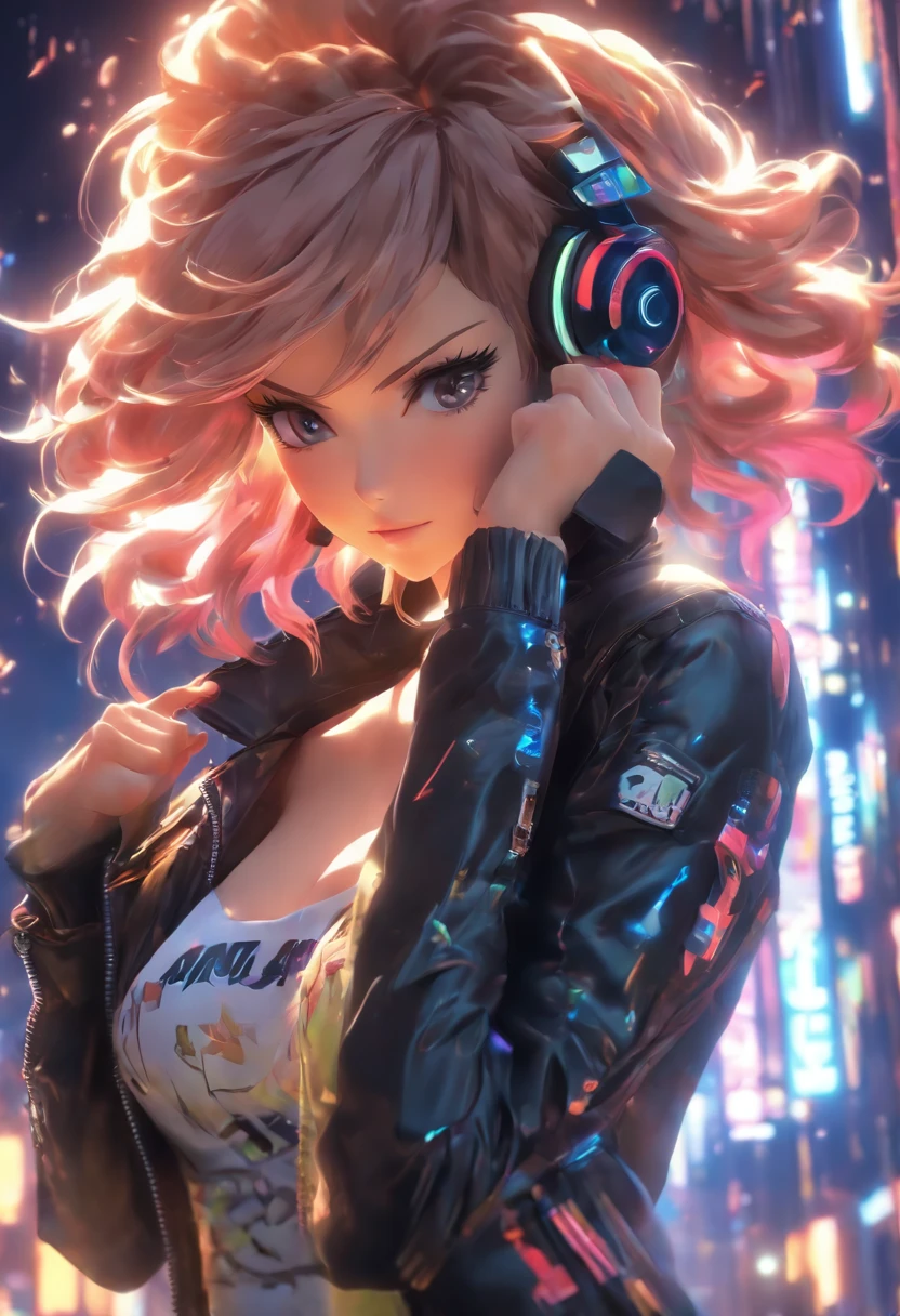 Anime - Stylistic image of a woman in a dress and a leather jacket, Use headphones, photorealistic anime girl rendering, CG art soft anime, Realistic 3D anime style, anime big breast. Soft lighting, Realistic anime art, Digital anime art, Detailed digital anime art, 4K anime style, advanced digital anime art, seductive anime girls, anime styled digital art, 3d anime style，Overall prominence，Sexy theme，Sense of seduction，sci-fy
