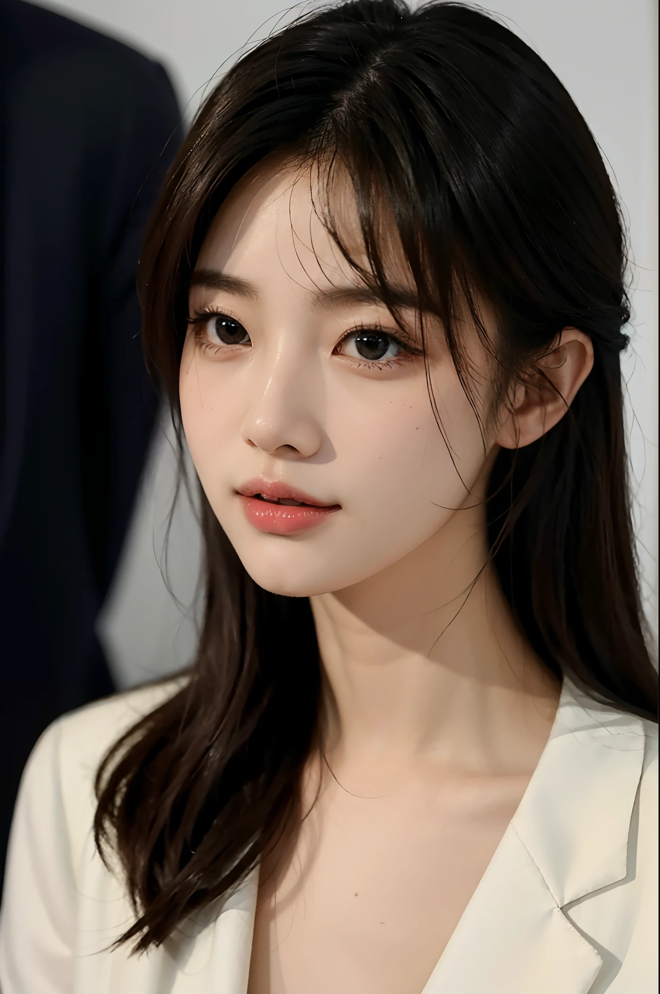 High-res, Realistic portrait of professional korean office lady with perfect skin，Professional suits，Women's suits，stand posture，The upper part of the body，Women in the workplace，Show confidence and maturity, Surrounded by a modern corporate environment, Vibrant and naturally lit highlights. The artwork should emphasize her elegant facial features, Including charming long eyes, Fluttering eyelashes and seductive lips. The scene should be enhanced with elements of professionalism and visual appeal，For example, Stylish work desk, Mainframe computers, High-resolution display, and complex stationery. The overall tone should be warm and professional, Has a soft and natural color palette. The artwork should exude a sense of professionalism, Success, and cultural pride，The background is blurred out