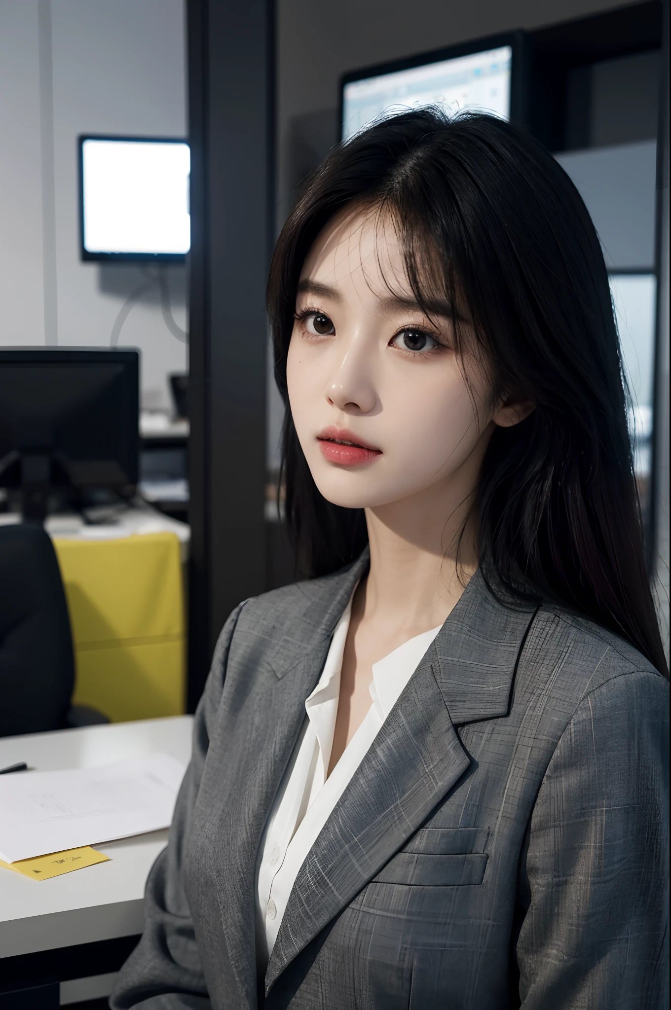 High-res, Realistic portrait of professional korean office lady with perfect skin，Professional suits，Women's suits，stand posture，The upper part of the body，Women in the workplace，Show confidence and maturity, Surrounded by a modern corporate environment, Vibrant and naturally lit highlights. The artwork should emphasize her elegant facial features, Including charming long eyes, Fluttering eyelashes and seductive lips. The scene should be enhanced with elements of professionalism and visual appeal，For example, Stylish work desk, Mainframe computers, High-resolution display, and complex stationery. The overall tone should be warm and professional, Has a soft and natural color palette. The artwork should exude a sense of professionalism, Success, and cultural pride，The background is blurred out