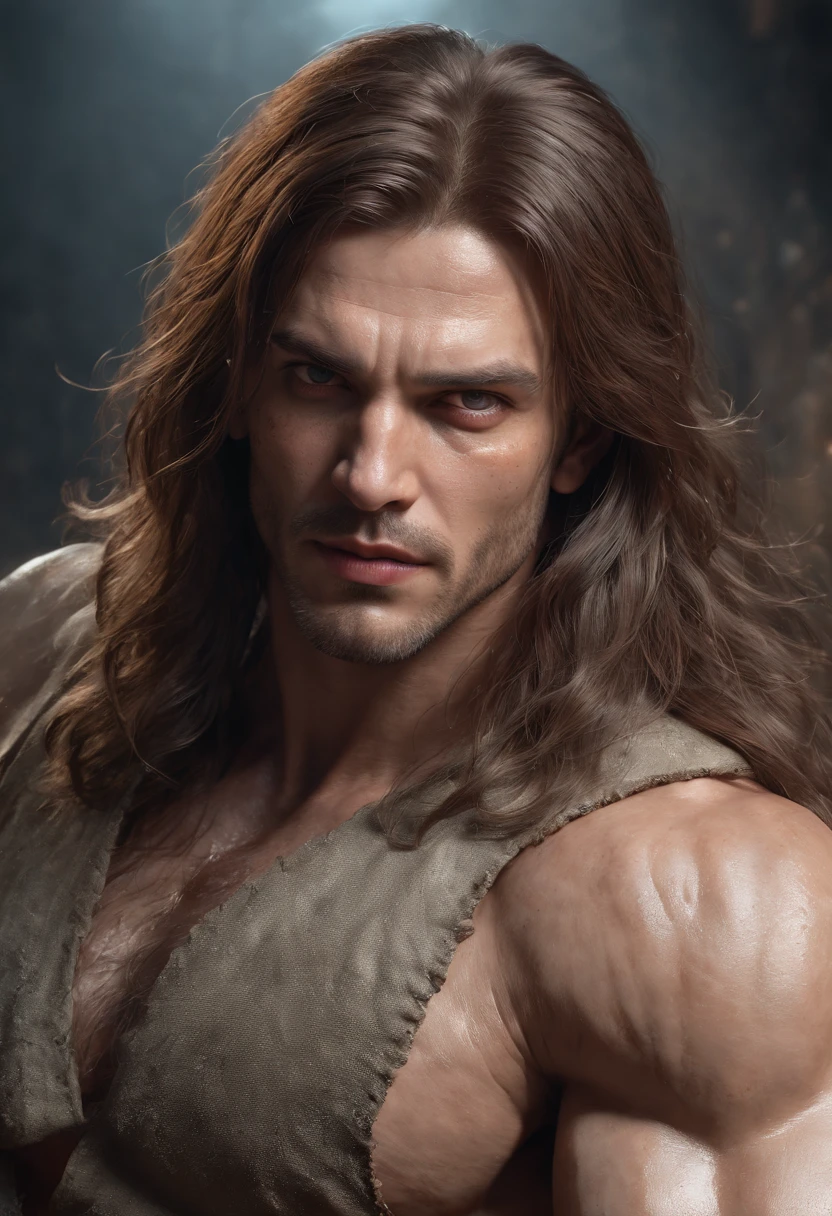 (professional 3d render:1.3) most beautiful artwork photo in the world, Features soft and shiny male heroes, ((Epic hero fantasy muscle man rough wet hero angry looking long hair short beard and ferocious expression in dynamic pose, Fantastic location, Majestic cluttered environment)), full body 8k unity render, action shot, skin pore, very dark lighting, heavyshading, Detailed, Detailed face, vibrant, photograph realistic, Dramatic, Dark, Sharp focus, Old leather garments damaged by weathering, Wear fur, (Intricate:1.4), decadent, (Highly detailed:1.4), Digital painting, rendering by octane, art stations, concept-art, smooth, Sharp focus, Art germ, (loish:0.23), (Global illumination, Studio light, volumettic light), particles floating, Brown hair, scar on the cheek, Multicolored eyes, Serious, illustration, surrealism, conceptual art, Cinematic lighting, Ray tracing, Vignetting, angle of view, Anatomically correct, Textured skin, Award-Awarded, ccurate