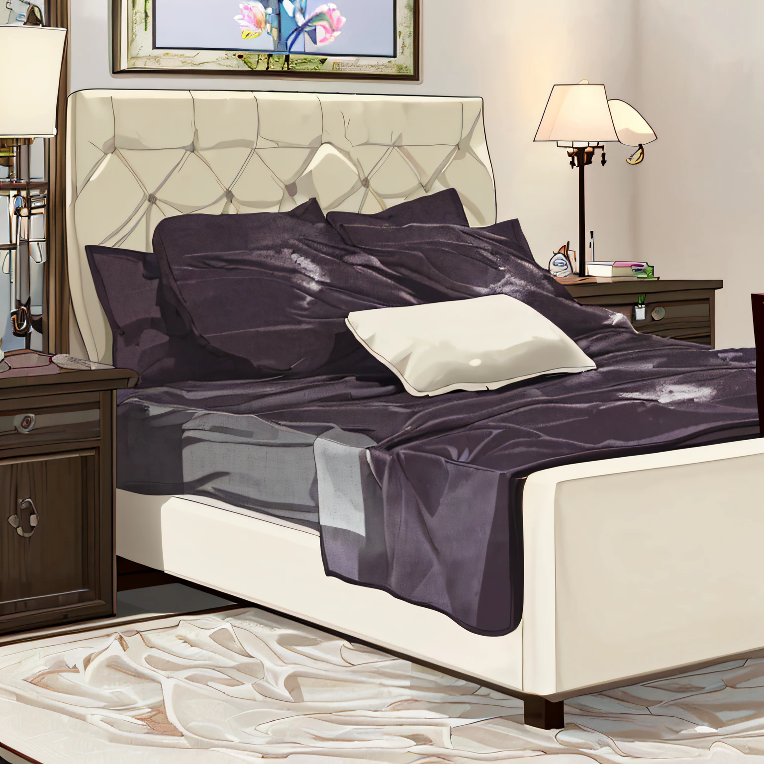 画面主体: A cozy bedroom with a comfortable bed
材质: Soft and plush fabrics, fluffy pillows and blankets
附加细节: Wooden bedside table with a lamp, a bookshelf filled with books, a delicate vase with fresh flowers, a patterned rug on the floor
图像质量: (best quality, highres, ultra-detailed), sharp focus, vivid colors
艺术风格: Classic interior design, realistic
色彩色调: Warm and inviting tones with a hint of golden light
灯光: Soft, warm lighting from the bedside lamp, creating a peaceful atmosphere