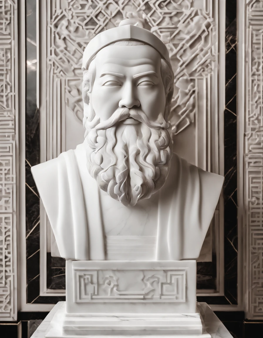 Bust of the wise man in white marble statue,It has the style of the Chinese philosopher Confucius in the museum,High contrast between light and shadow, professional photoshooting, Light volume, cinematic ligh