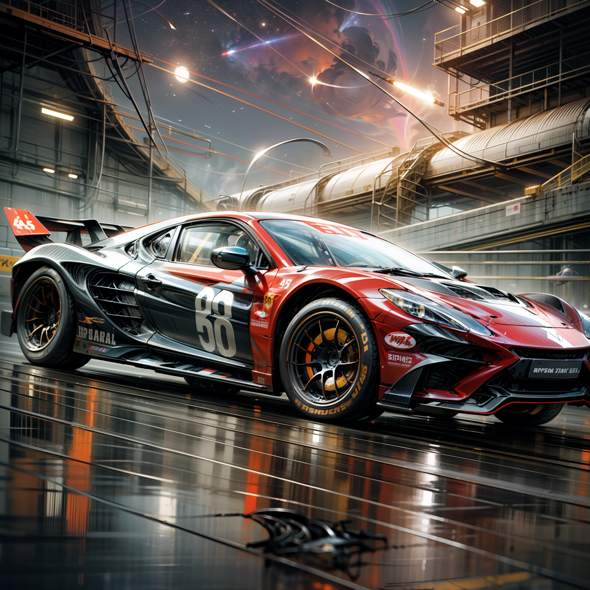 (Masterpiece, Best Quality), High Resolution, (8K Resolution), (Ultra Detailed), Spacecraft, Picture depicting a car race between planets, cars flying directly in space, two racing cars flying rapidly towards the camera, super sports car, high-tech jet engine, colorful planets and nebulae in the background, headlights dragging streamers, hyper-realistic, more detail, low saturation, realism, photo texture