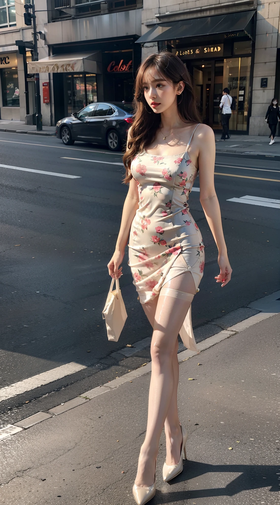 waved hair,Heavy makeup,Stiletto pointed toe heels,Transparent colorless flesh silk pantyhose,ear studs,Long legs,8K,On the street,In the daytime,By bangs,Tight floral dress