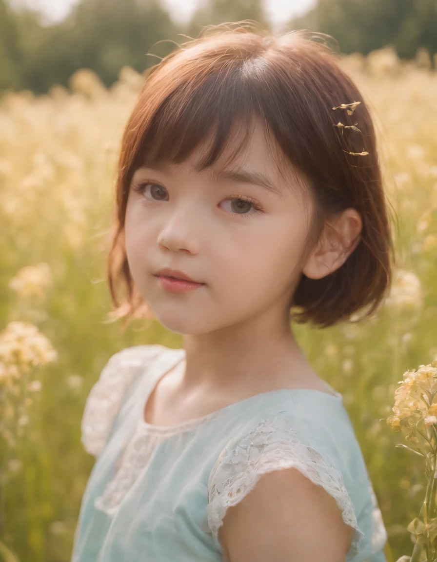 Child, neopop Meadows, in the style of kawaii aesthetic, helios 44-2 58mm f/2, asian-inspired, soft yet vibrant, (medium close-up)