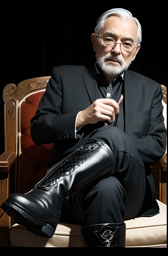 with a goatee,Old gentleman in black riding boots,Show off his boots,The light source is in the upper left corner。