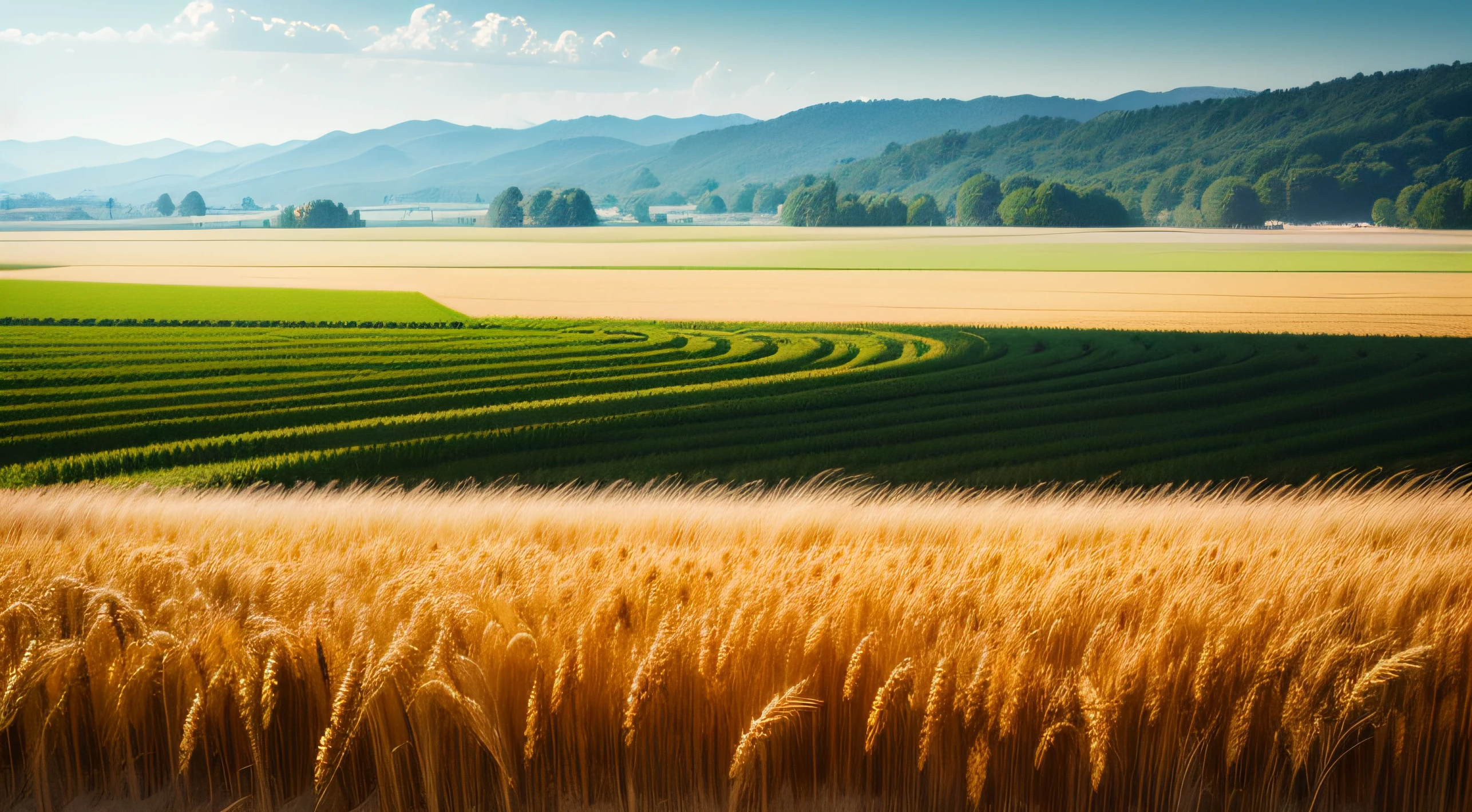 A large neat wheat field,Idyllic、wheat field ,scenic view,the Sun Shining