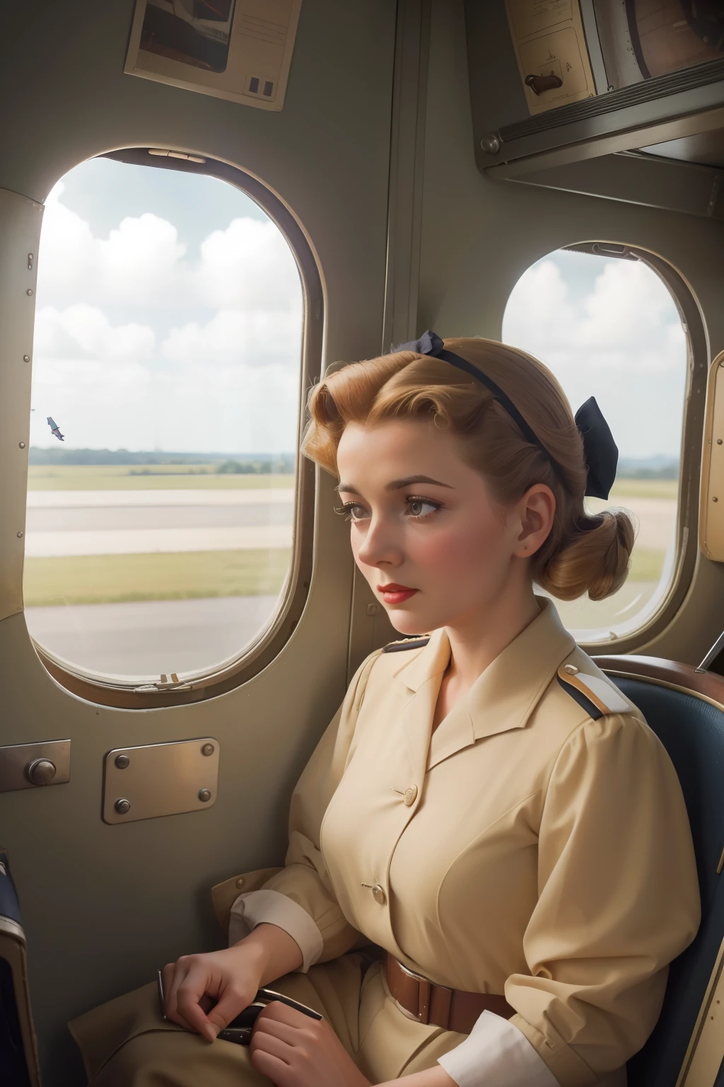 Year: 1944. Location: France. scene with a frenchwoman with honey hair sitting in a tiny poor airplane, ((terrified)) ((scared)) expression, looking out the window ((1940s clothes)) ((1940s hairstyle)) ((in the style of "OMITB")) ((cinematic style))