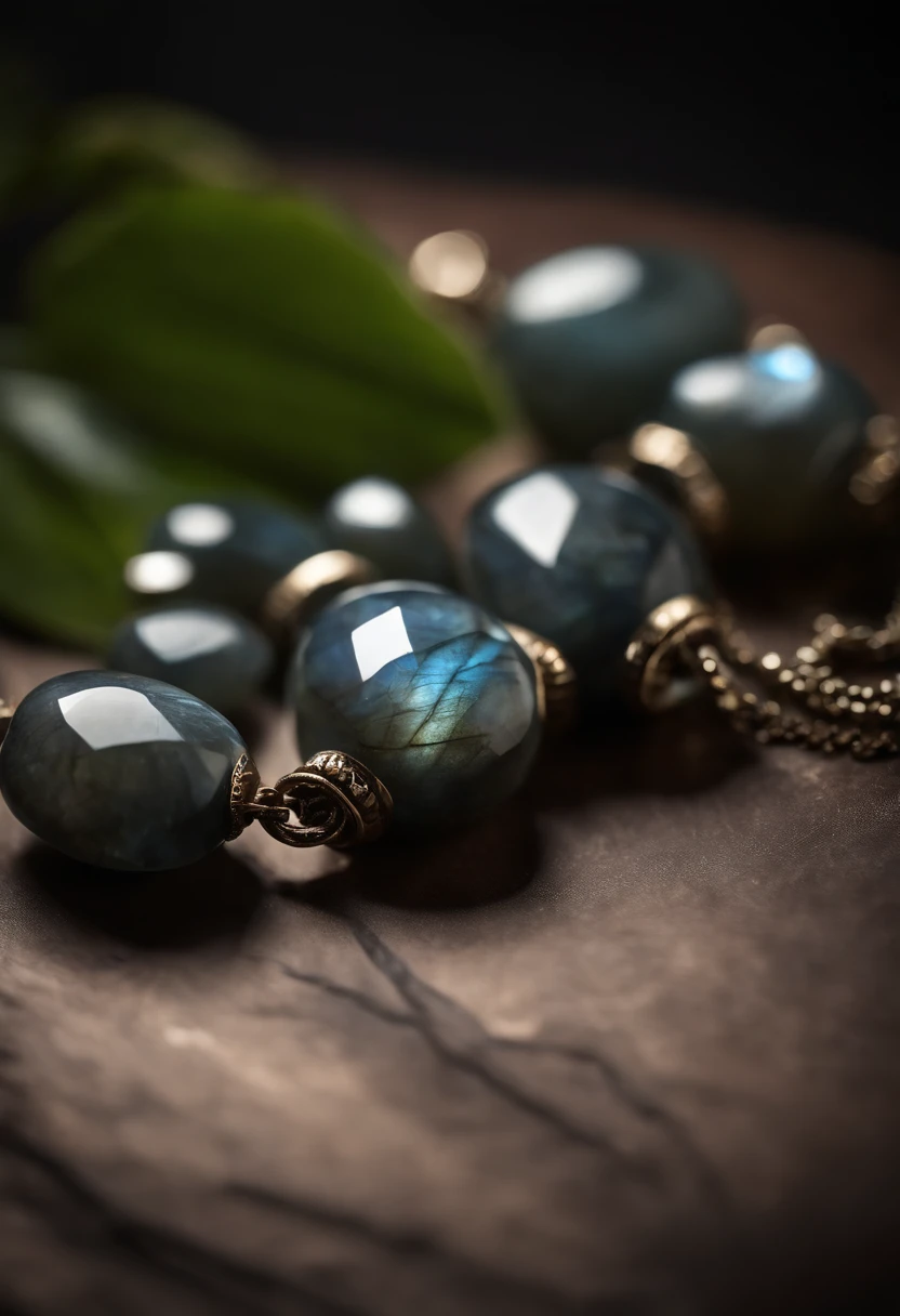 On the table is placed a necklace made of natural labradorite,4k高清,(Real Photographics),Masterpiece, Best quality