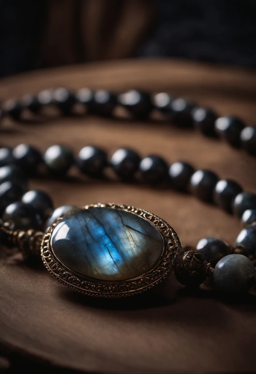 On the table is placed a necklace made of natural labradorite,4k高清,(Real Photographics),Masterpiece, Best quality