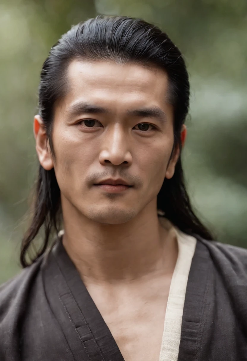 Martial arts novel Dragon Eight Gang Master Qiao Feng,Ken Takakura, Tall and strong,Long hair,The face is densely covered with short whisker roots,Darkening of the skin, burlap