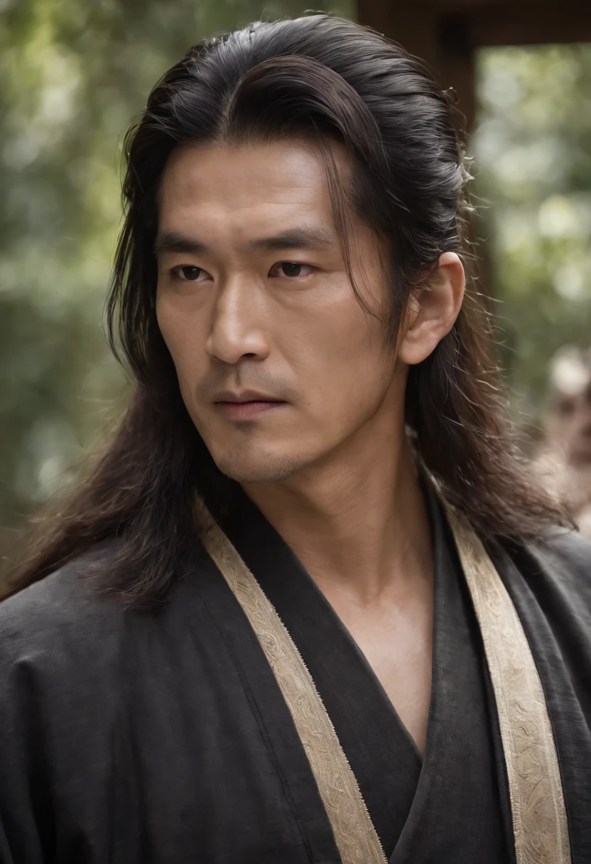 Martial arts novel Dragon Eight Gang Master Qiao Feng,Ken Takakura, Tall and strong,Long hair,The face is densely covered with short whisker roots,Darkening of the skin, burlap
