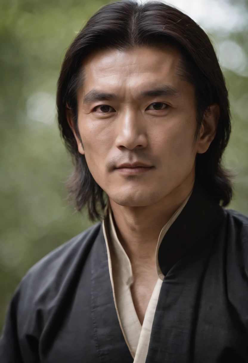 Martial arts novel Dragon Eight Gang Master Qiao Feng,Ken Takakura, Tall and strong,Long hair,The face is densely covered with short whisker roots,Darkening of the skin, burlap