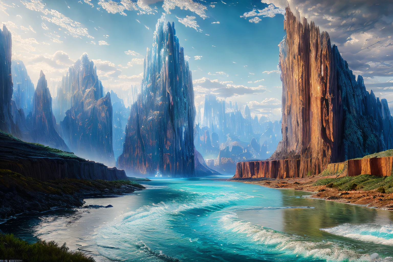 paysage futuriste, Eau, (Highly detailed CG Unit 8k wallpaper), The most beautiful work of art in the world, Professional majestic oil painting, complexe, High detail, mise au point nette, dramatique, Art of photorealist painting,