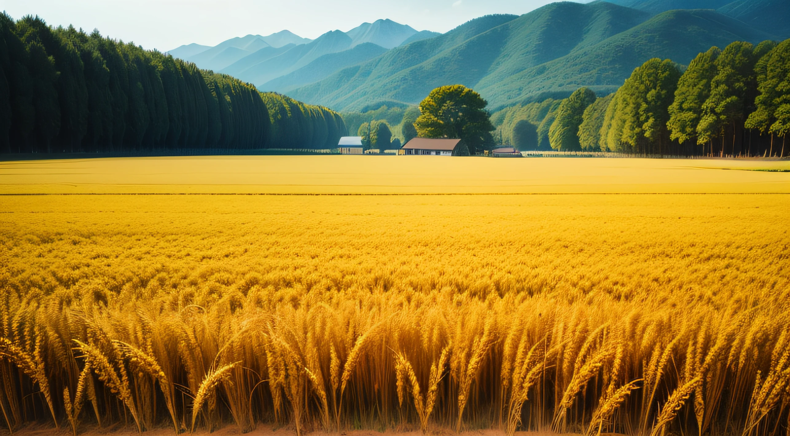 A large neat wheat field，Idyllic、wheat field ，scenic view，the Sun Shining