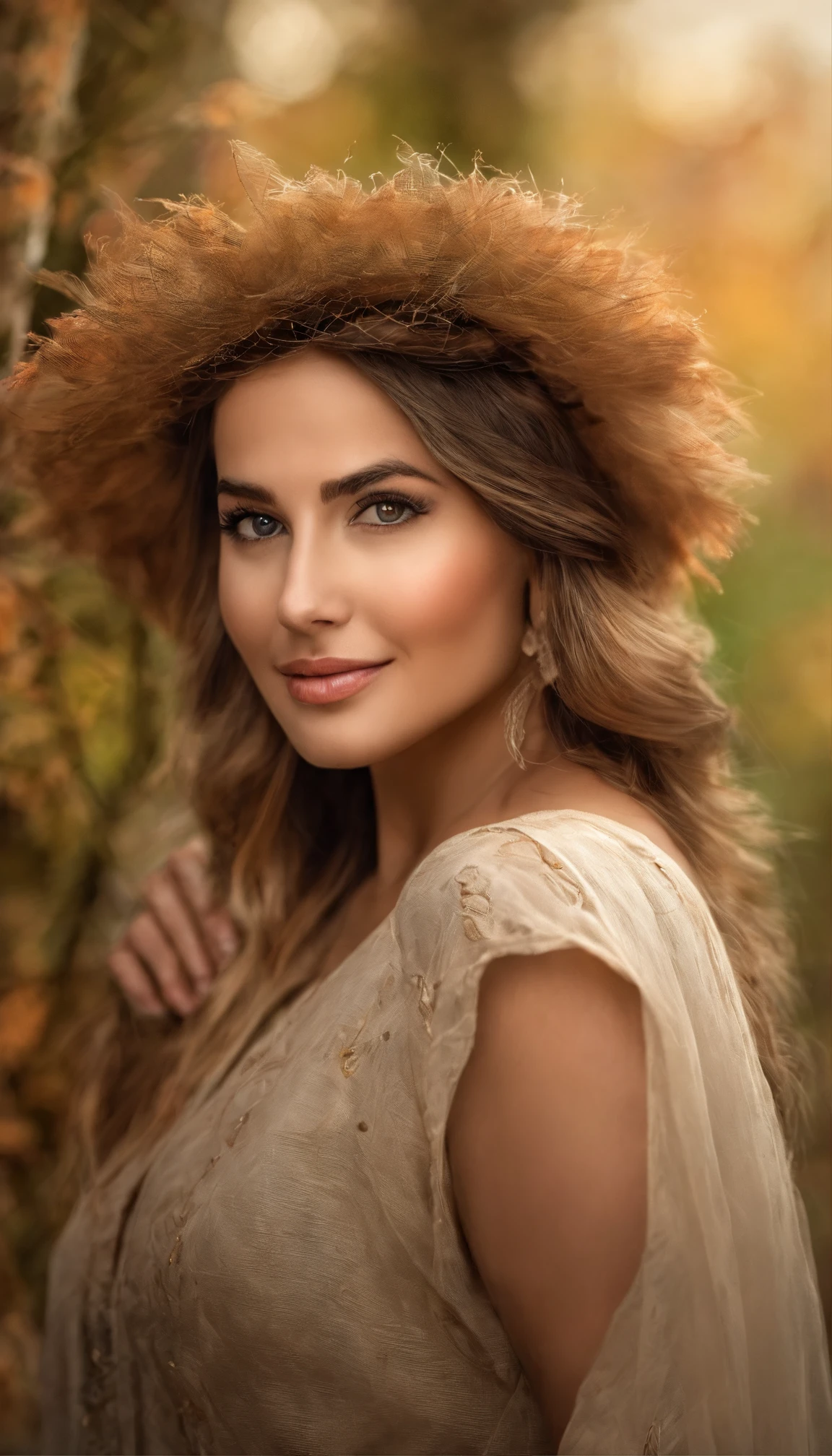 A nice and cute girl with long hair,goddes,Twenty years old,with a round face,largeeyes,long eyelasher,Cream sweater dress,cabelos preto e longos,Pink baseball cap,voluptuous figure,Perfect facial features,Delicate face,Delicate lips,ssmile,Park tree background,Autumn tones,(Depth of field effect),Gentle light,Green predominantly,Soft focus,(Highest image quality),(Exquisite graphics),(tmasterpiece),(Movie lighting),(Side lighting),(rendering by octane),(Masterpiece),(best photograpy),(Unreal 5),photorealestic,realisticlying