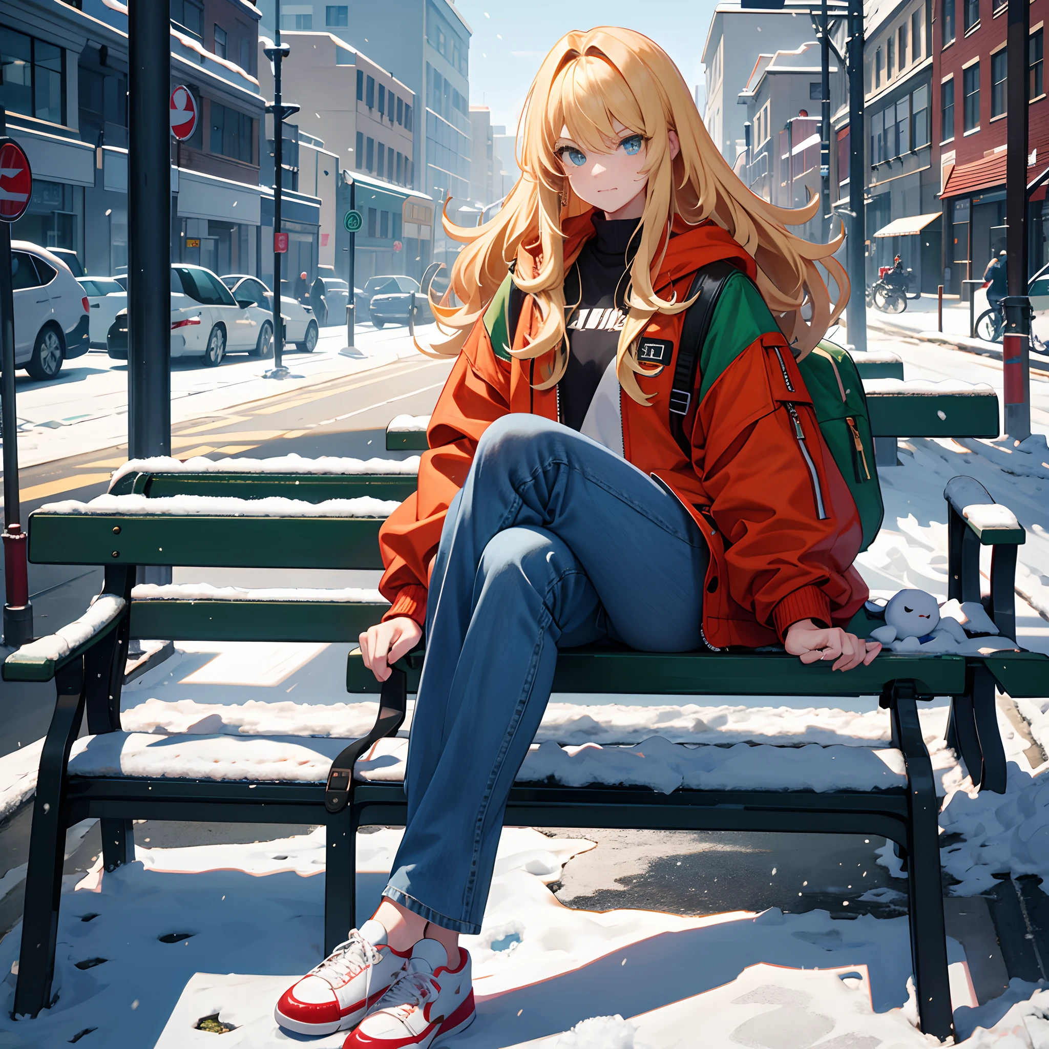 Tall female college student,Big blonde waves,Hair length and shoulders,green pupills,Smug eyes,Northeast big red cotton jacket,blue denim pants,black sneaker shoes,Carrying a black guitar backpack on his back,Heavy snowfall,Sit on a street bench,Wave to the camera