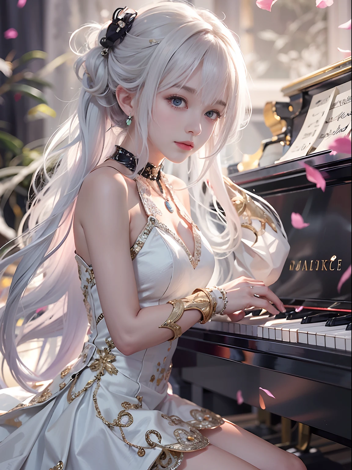 1girl, solo, long hair, piano, instrument, black eyes, dress, white dress, white hair, looking at viewer, light particles, closed mouth, indoors, jewelry, sleeveless, bare shoulders, bangs, from side, head rest on piano, head tilt,black rose, beautiful detailed eyes, detailed background,