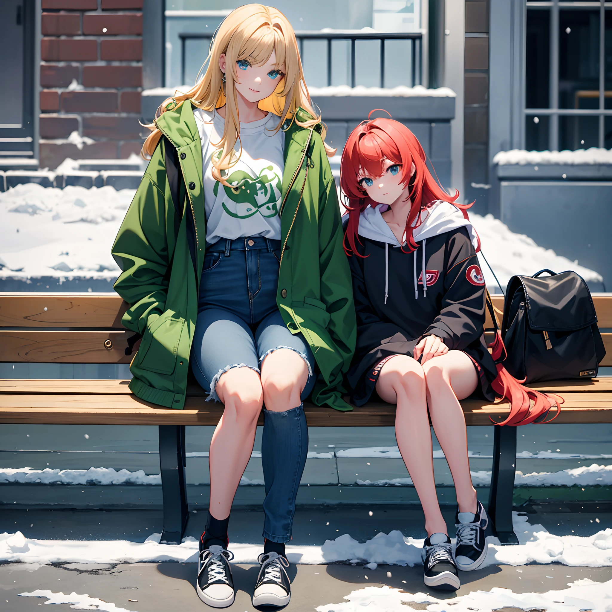 Tall female college student，Big blonde waves，Hair length and shoulders，green pupills，Smug eyes，Northeast big red cotton jacket，blue denim pants，black sneaker shoes，Carrying a black guitar backpack on his back，Heavy snowfall，Sit on a street bench，Wave to the camera