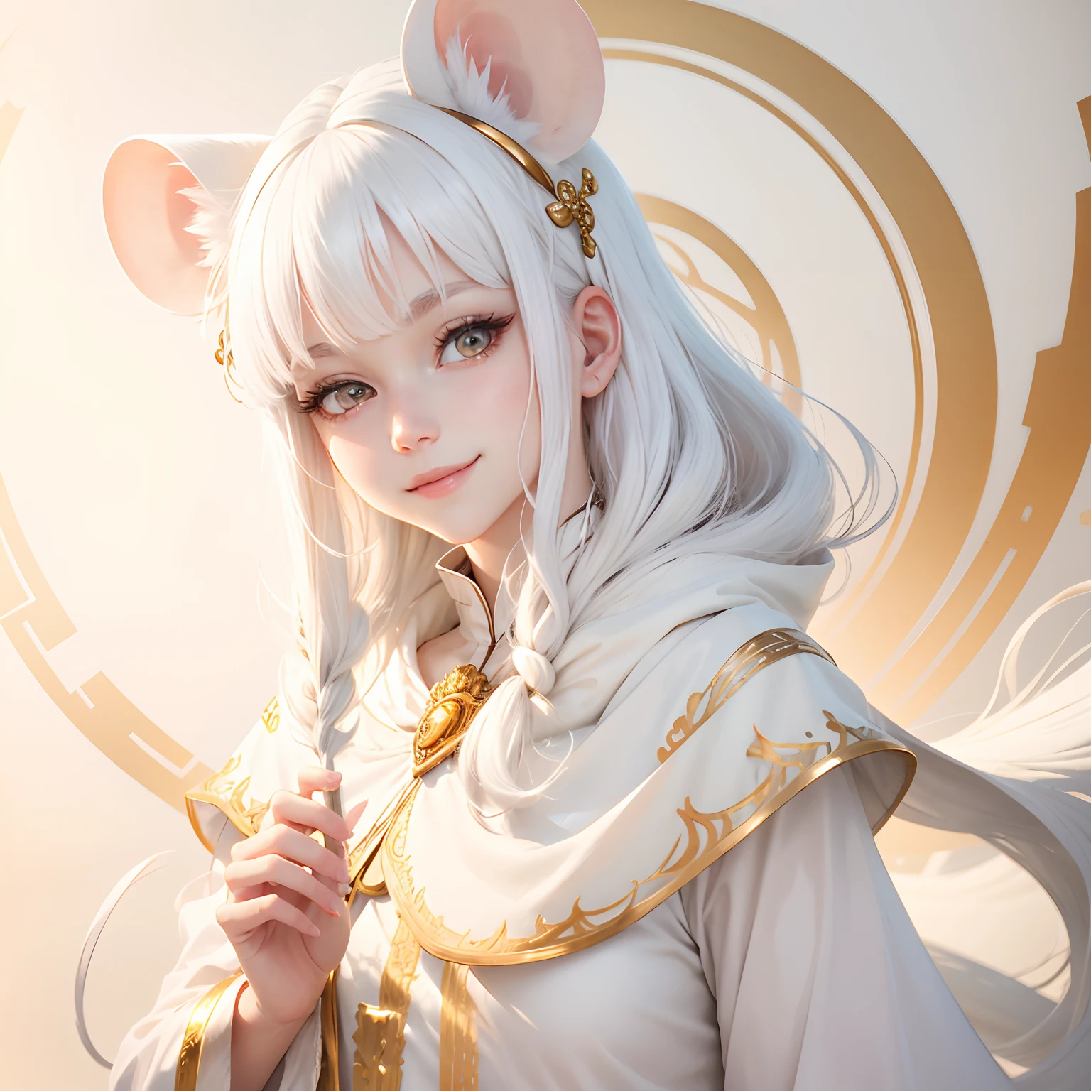 best quality, white hair, gold eyes, white clothes, looking up, upper body, hair strand, Fair skin, smiling, Mouse ears