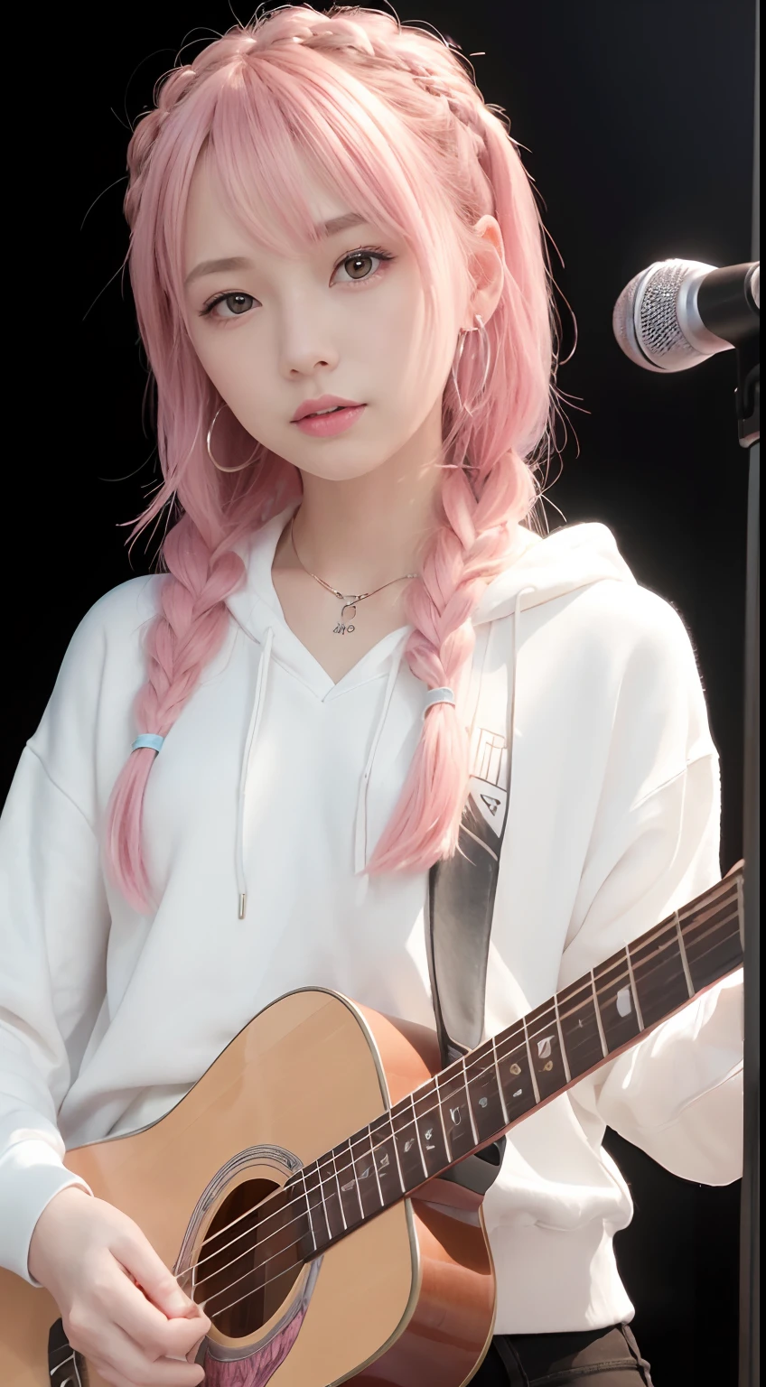 (masutepiece:1.3, Best Quality, Photorealistic, Ultra-detailed, Finely detailed, High resolution, 8K Wallpaper), 1 beautiful girl, Band Group Vocals, In a white hoodie, Singing a song on an electric guitar, Stand Microphone, Mouth open, Beautiful face, Detailed face, Beautiful eyes, Detailed eyes, Looks fun、Smiling, earrings, Necklace, Detailed guitar, (Straight guitar neck and 6 strings), Only 1 person,Pink Hair Medium Hair, (Pink hair), Ear Hair, small tits, Single braid, (Single braid), (Side braid),on a stage, Spotlight, Look at the viewer、small tits